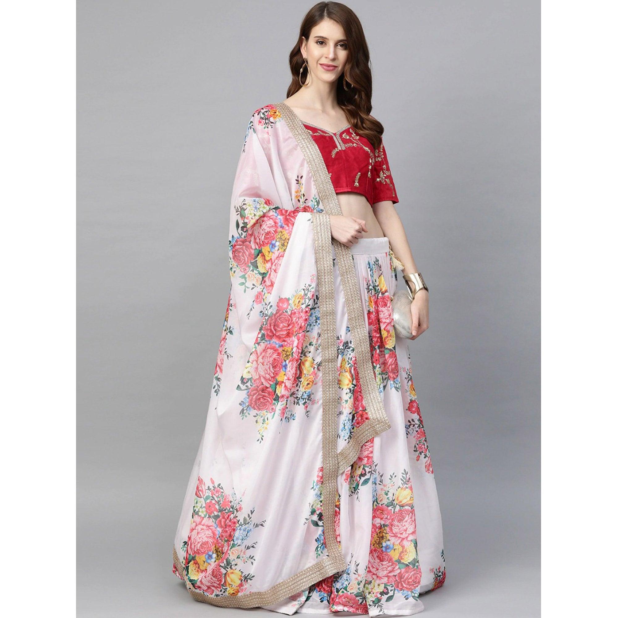 White Partywear Printed Sequence & Zari Pure Organza Lehenga Choli - Peachmode
