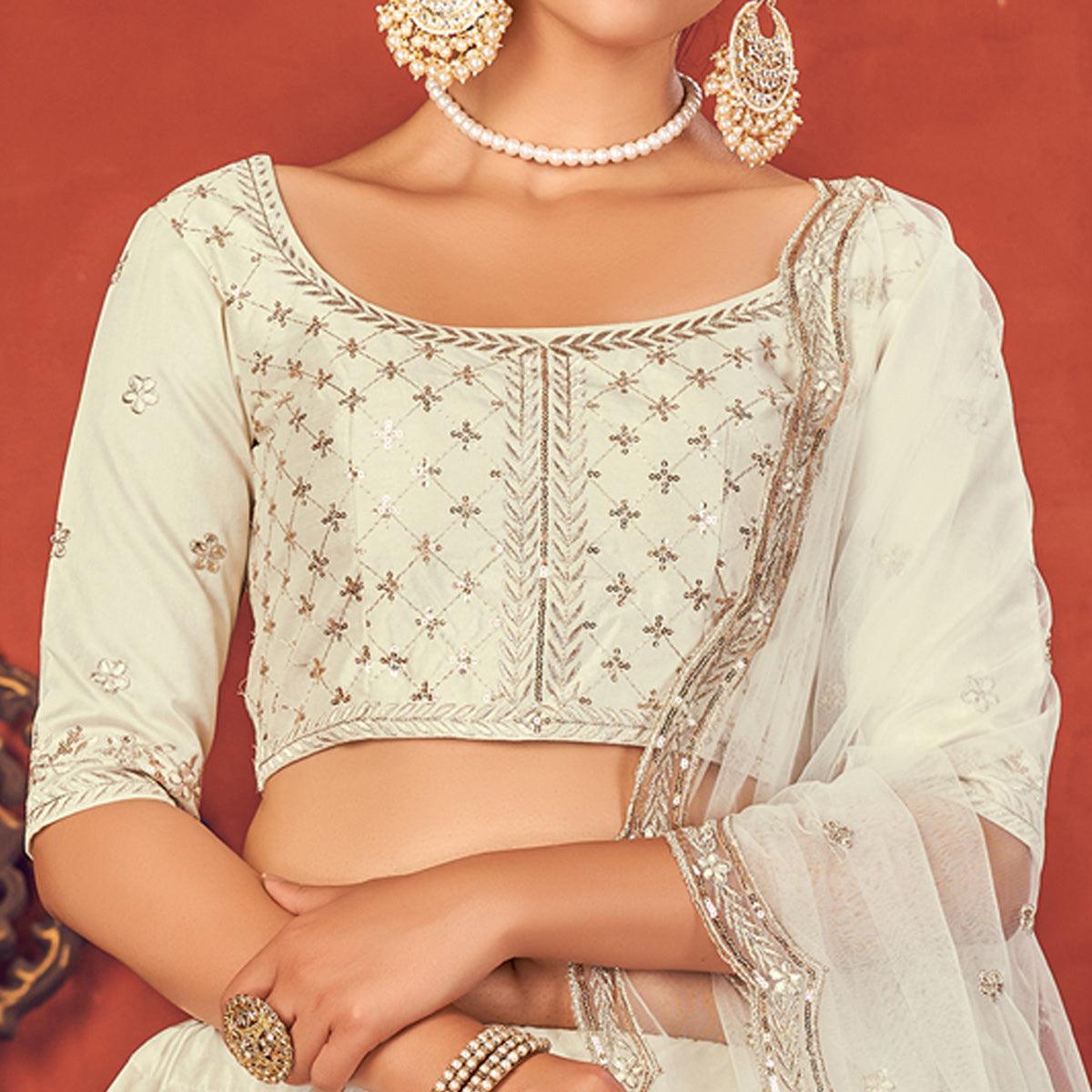 White Partywear Sequence Embroidered Art Silk Lehenga Choli - Peachmode