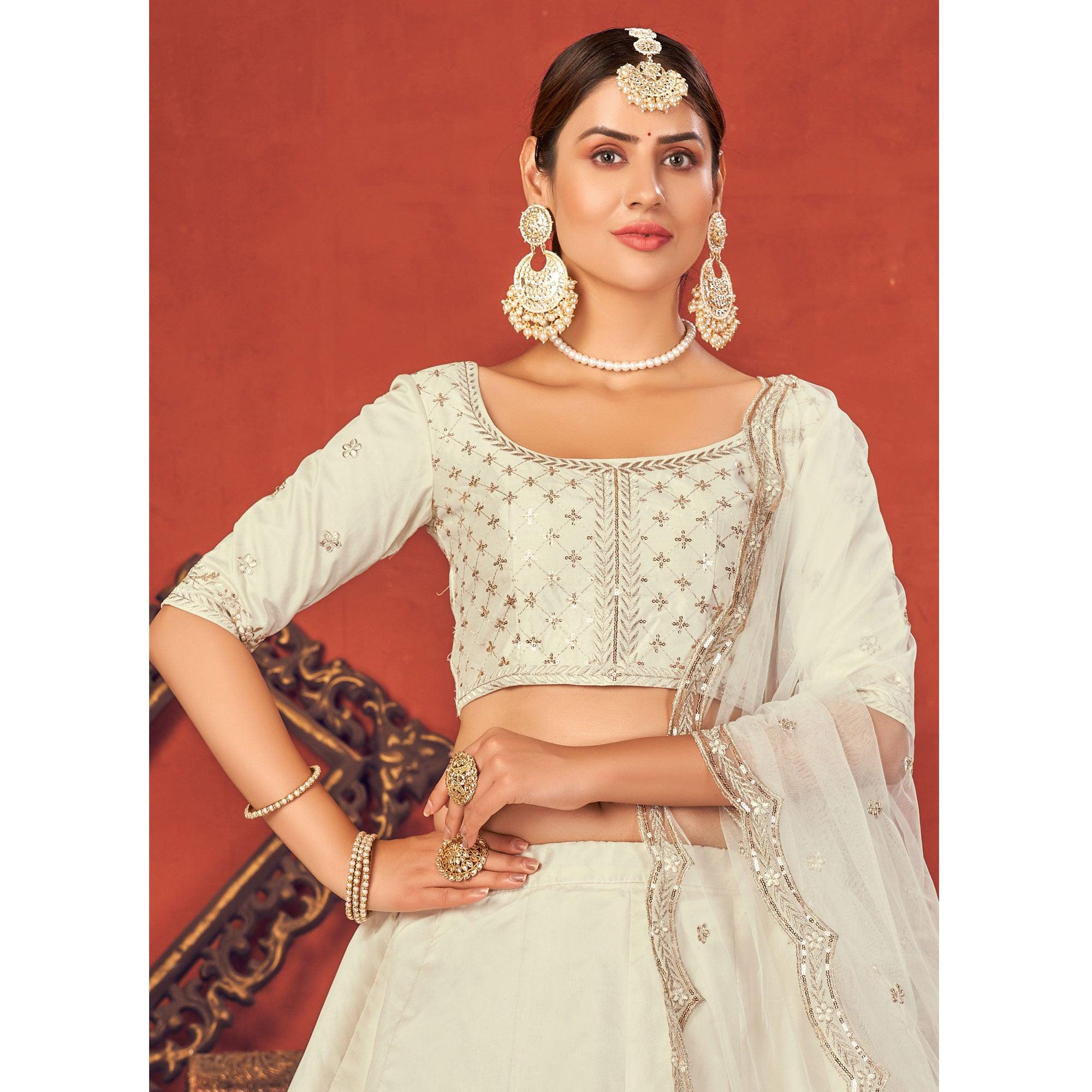 White Partywear Sequence Embroidered Art Silk Lehenga Choli - Peachmode