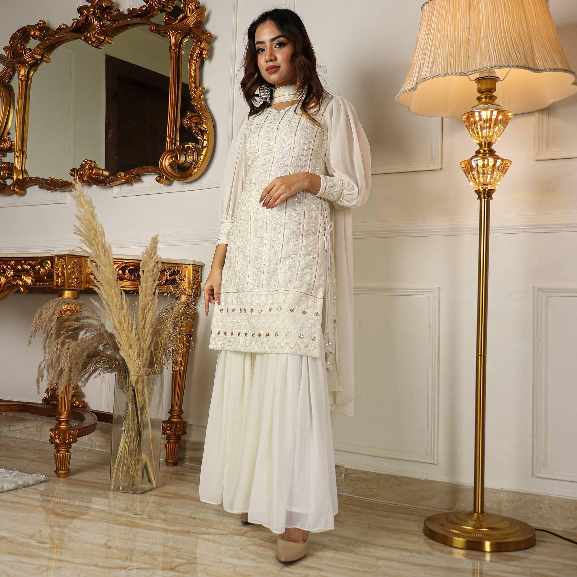 White Partywear Sequence Embroidered Georgette Sharara Suit - Peachmode