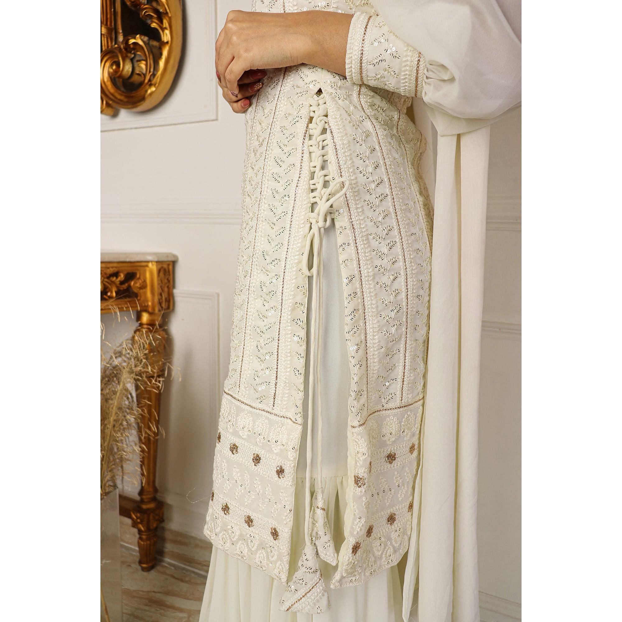 White Partywear Sequence Embroidered Georgette Sharara Suit - Peachmode