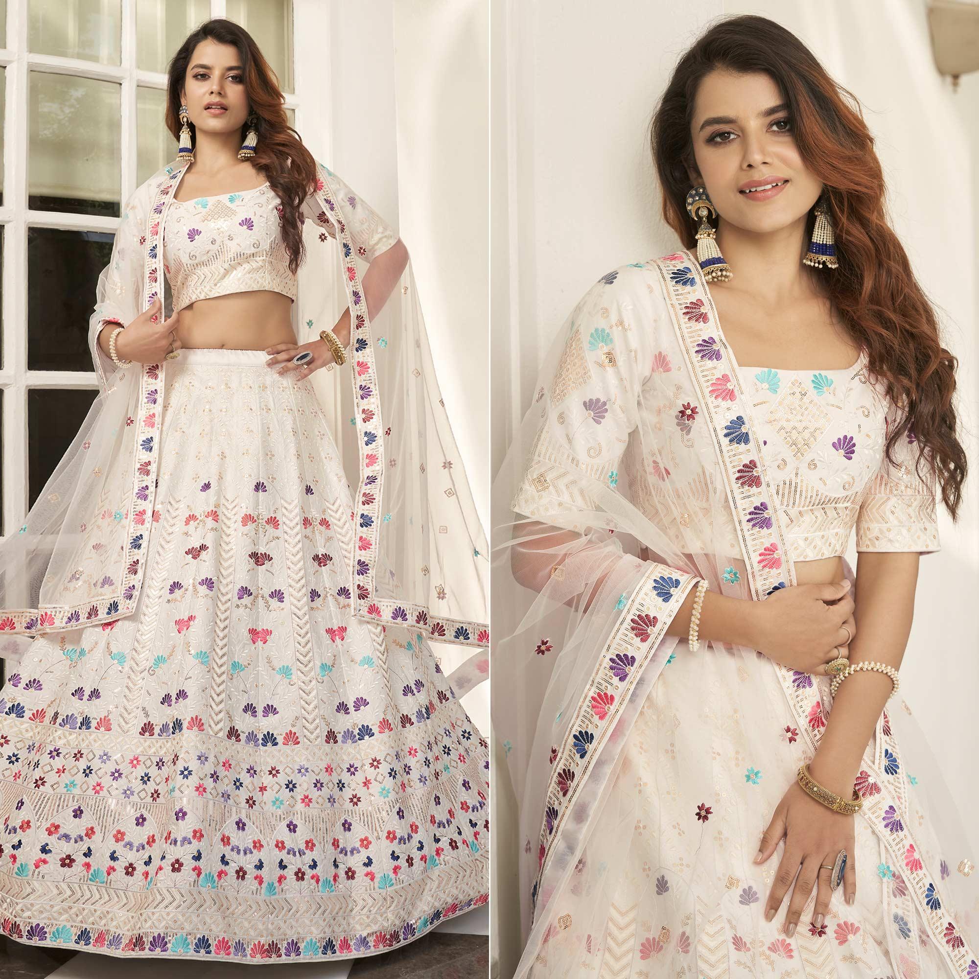 White Partywear Sequence Embroidered Silk Lehenga Choli - Peachmode