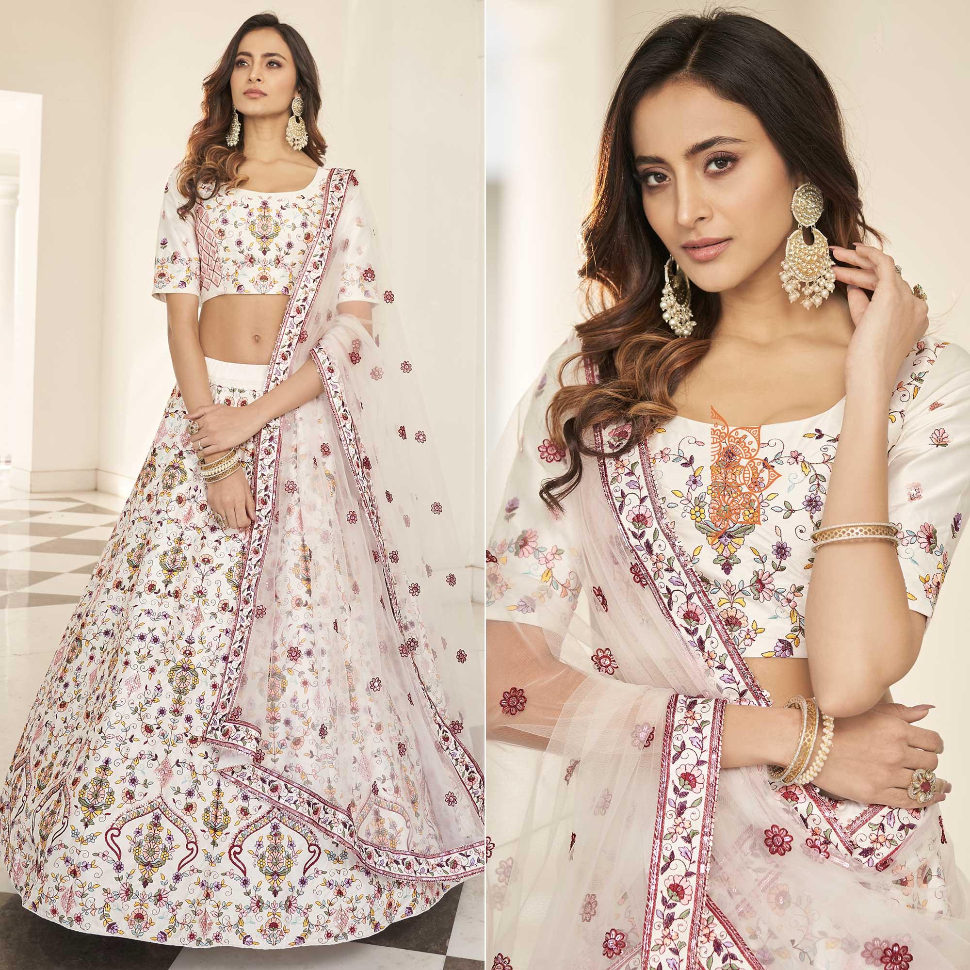 White Partywear Sequence Embroidered Silk Lehenga Choli - Peachmode