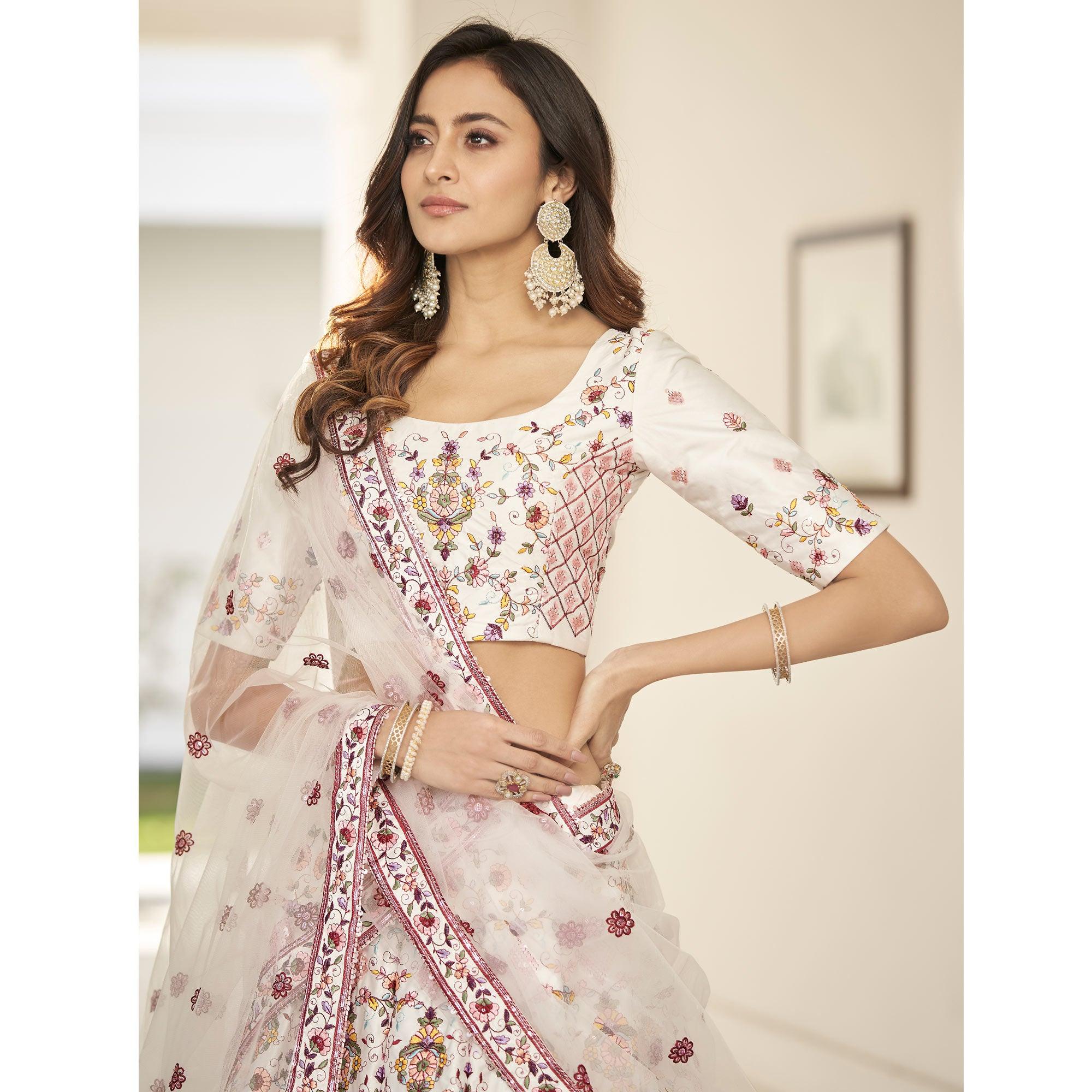White Partywear Sequence Embroidered Silk Lehenga Choli - Peachmode
