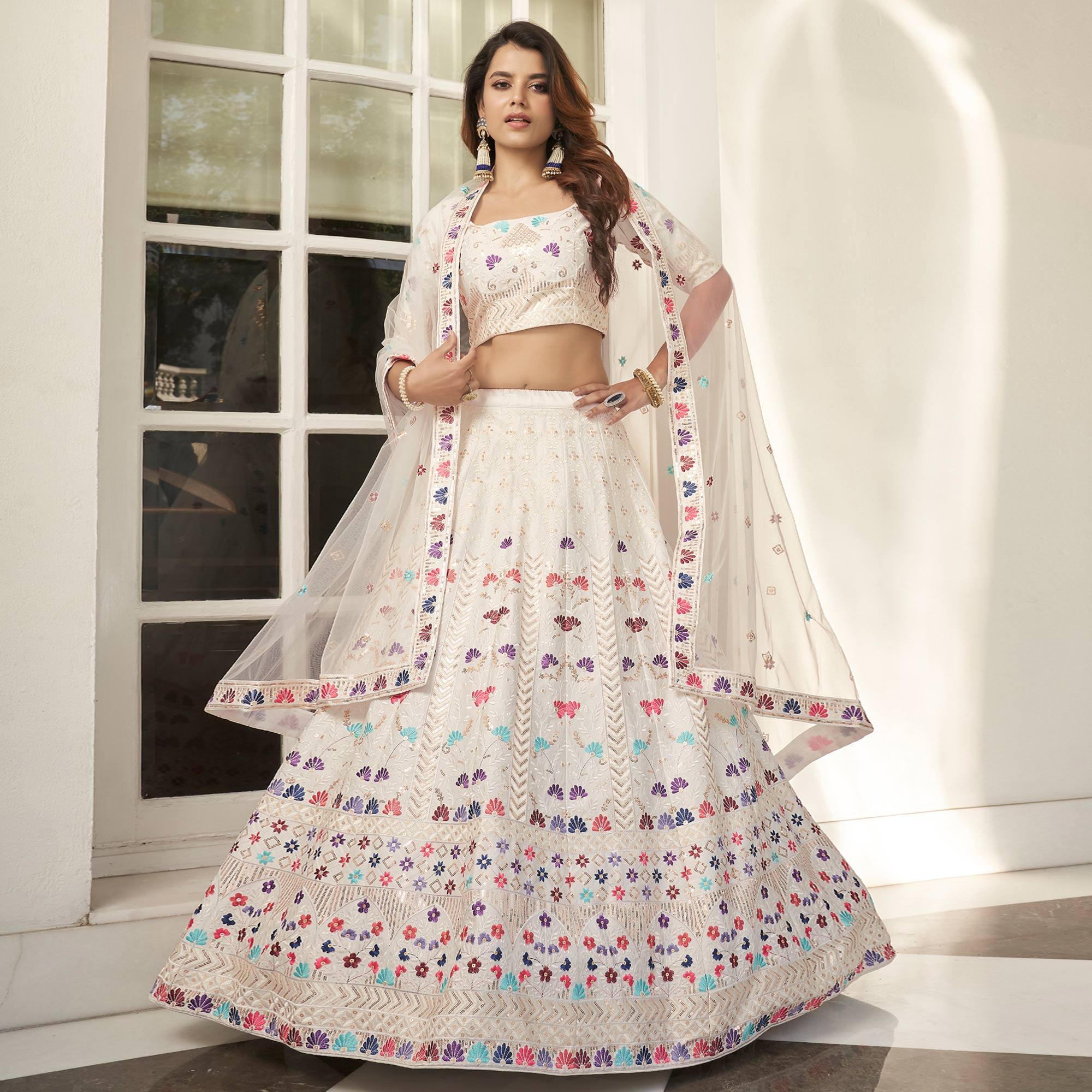 White Partywear Sequence Embroidered Silk Lehenga Choli - Peachmode