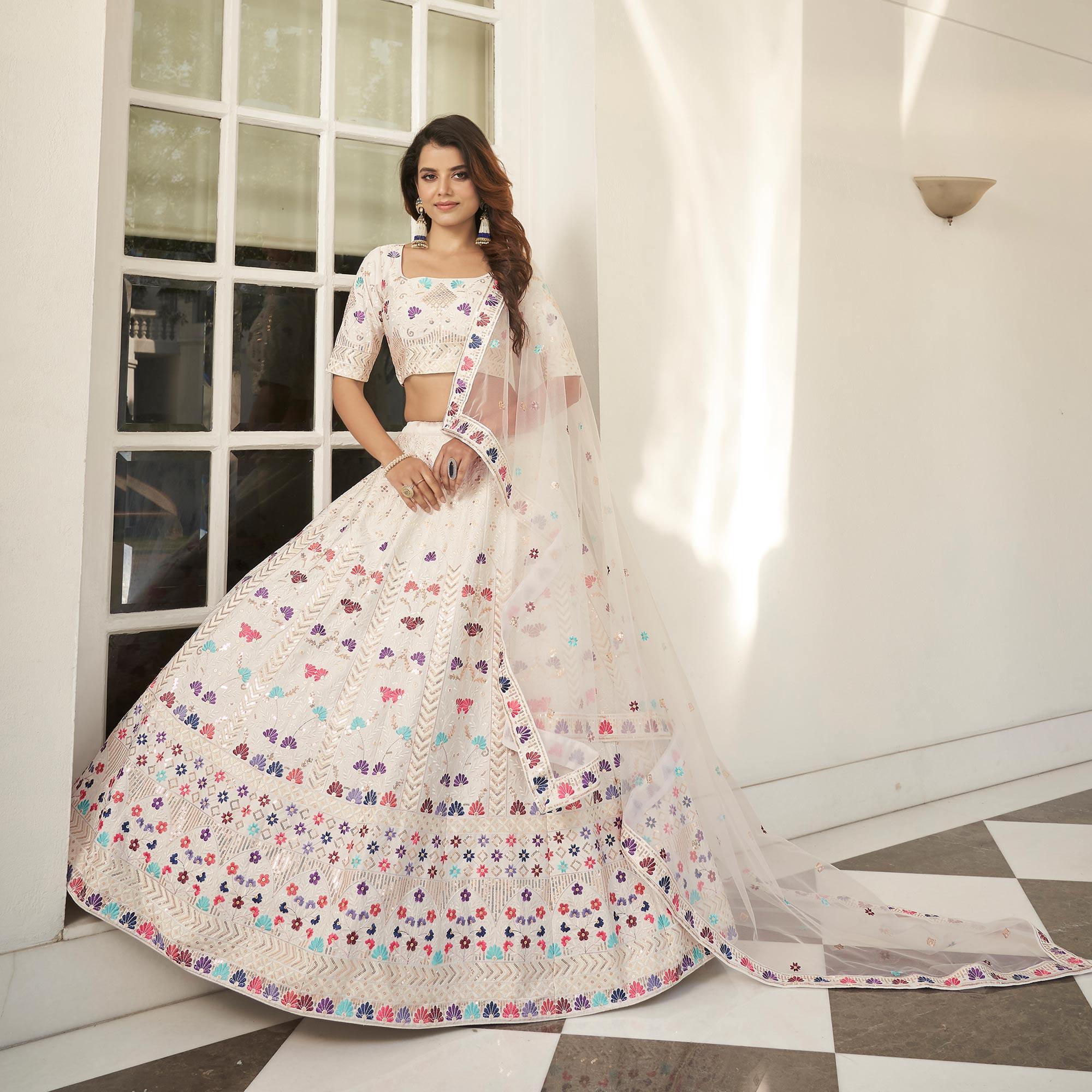 White Partywear Sequence Embroidered Silk Lehenga Choli - Peachmode