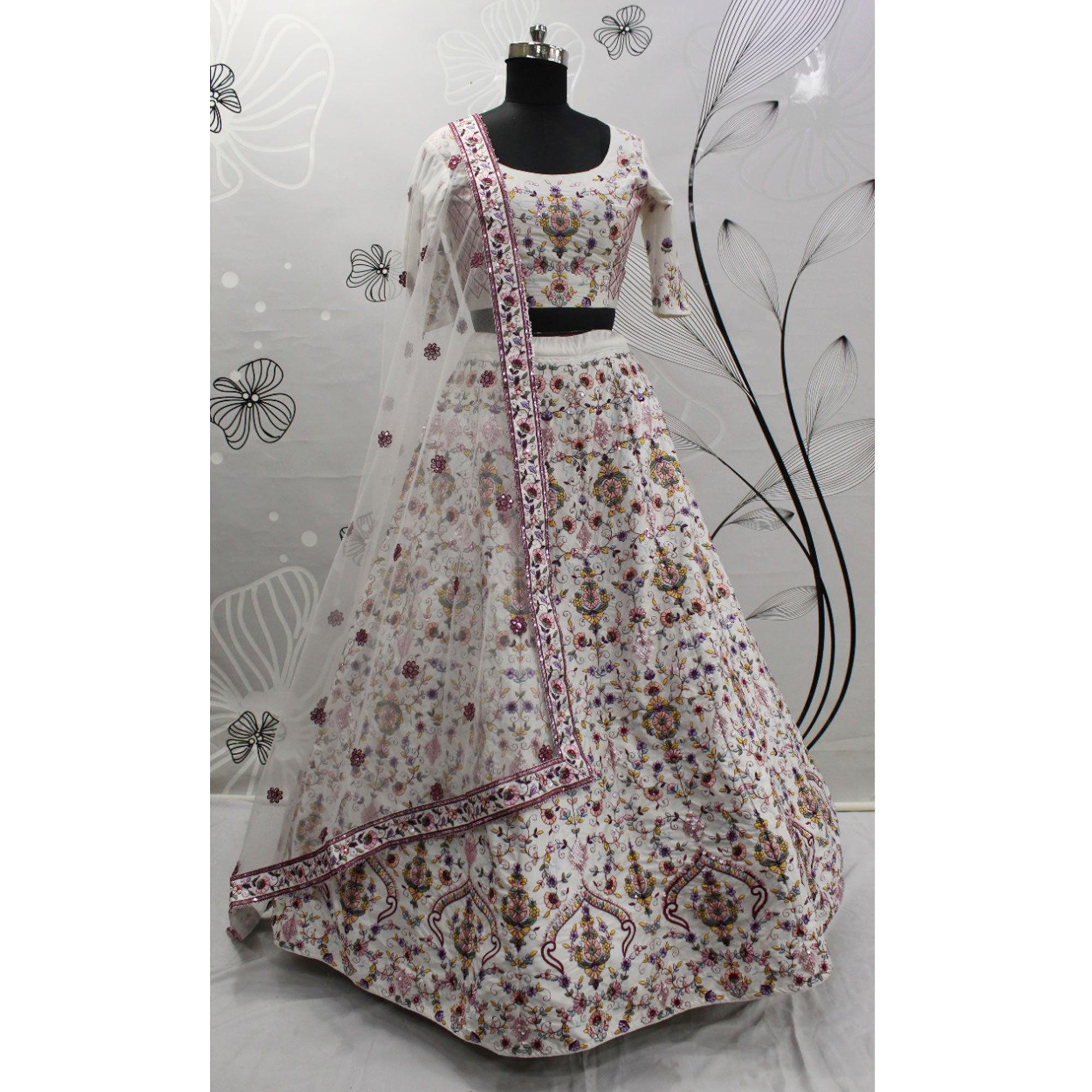 White Partywear Sequence Embroidered Silk Lehenga Choli - Peachmode