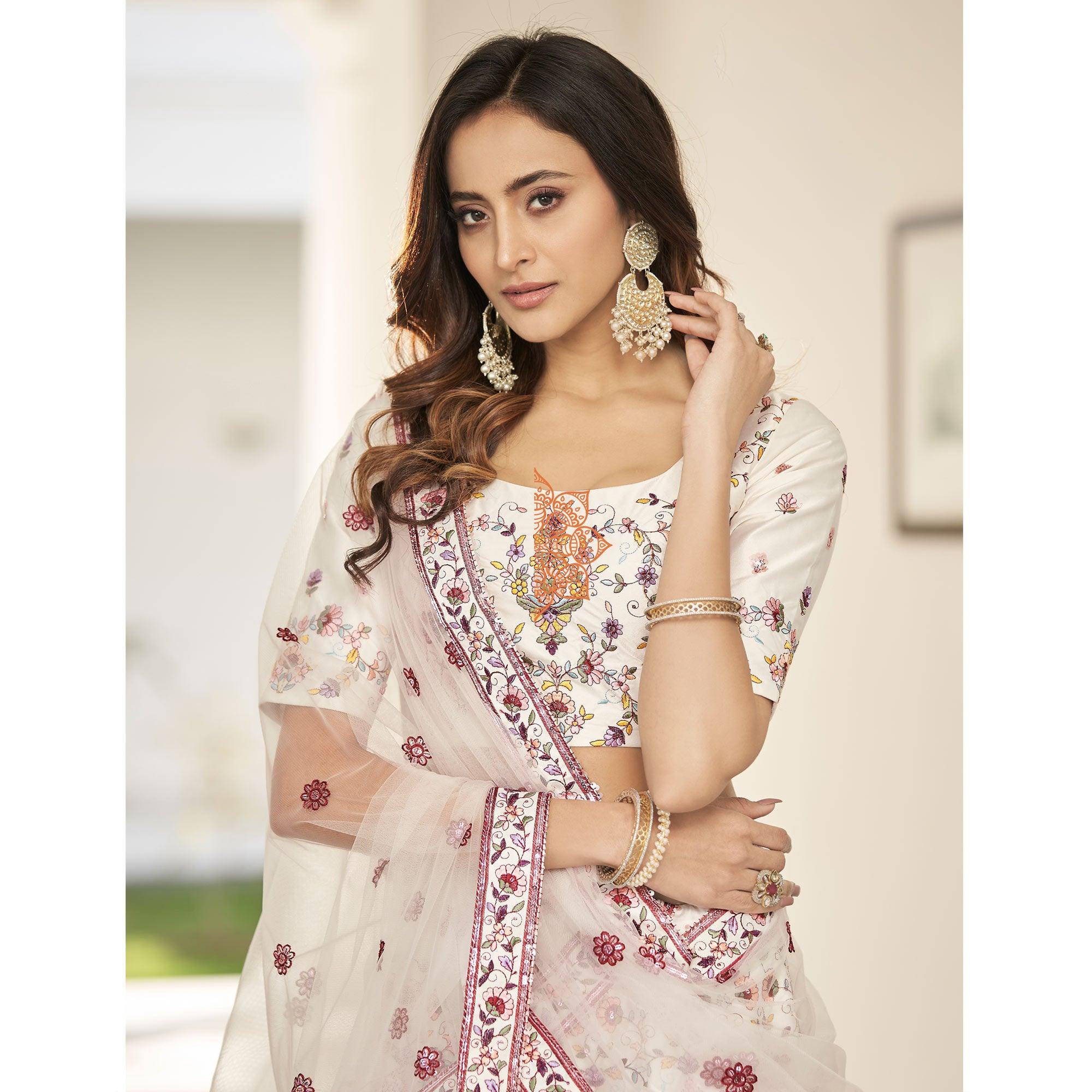 White Partywear Sequence Embroidered Silk Lehenga Choli - Peachmode
