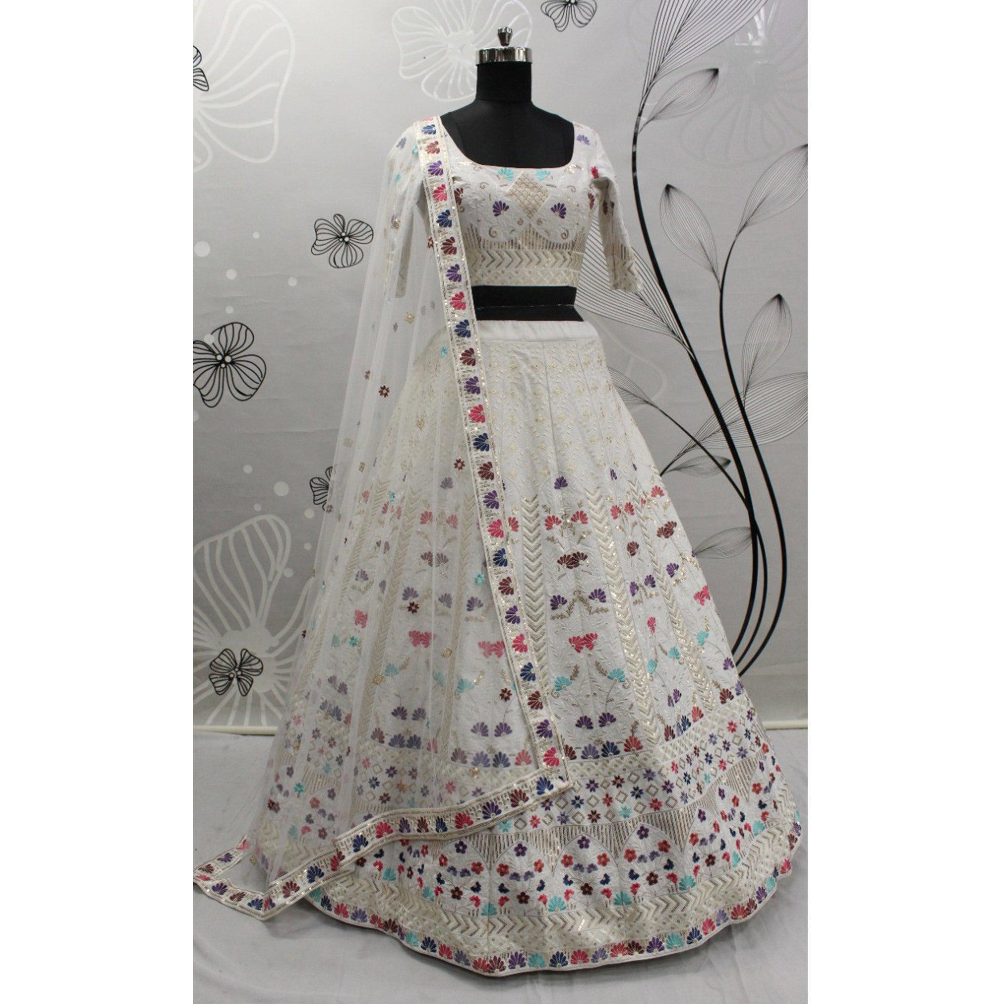 White Partywear Sequence Embroidered Silk Lehenga Choli - Peachmode