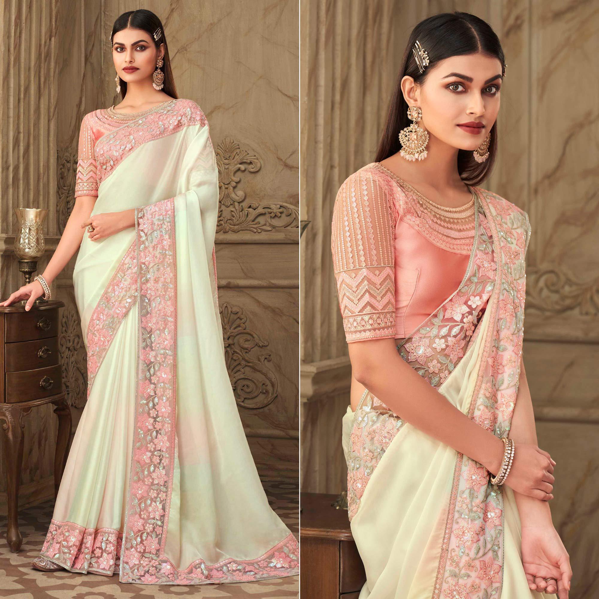 White Partywear Sequence Embroidered  Silk Saree - Peachmode