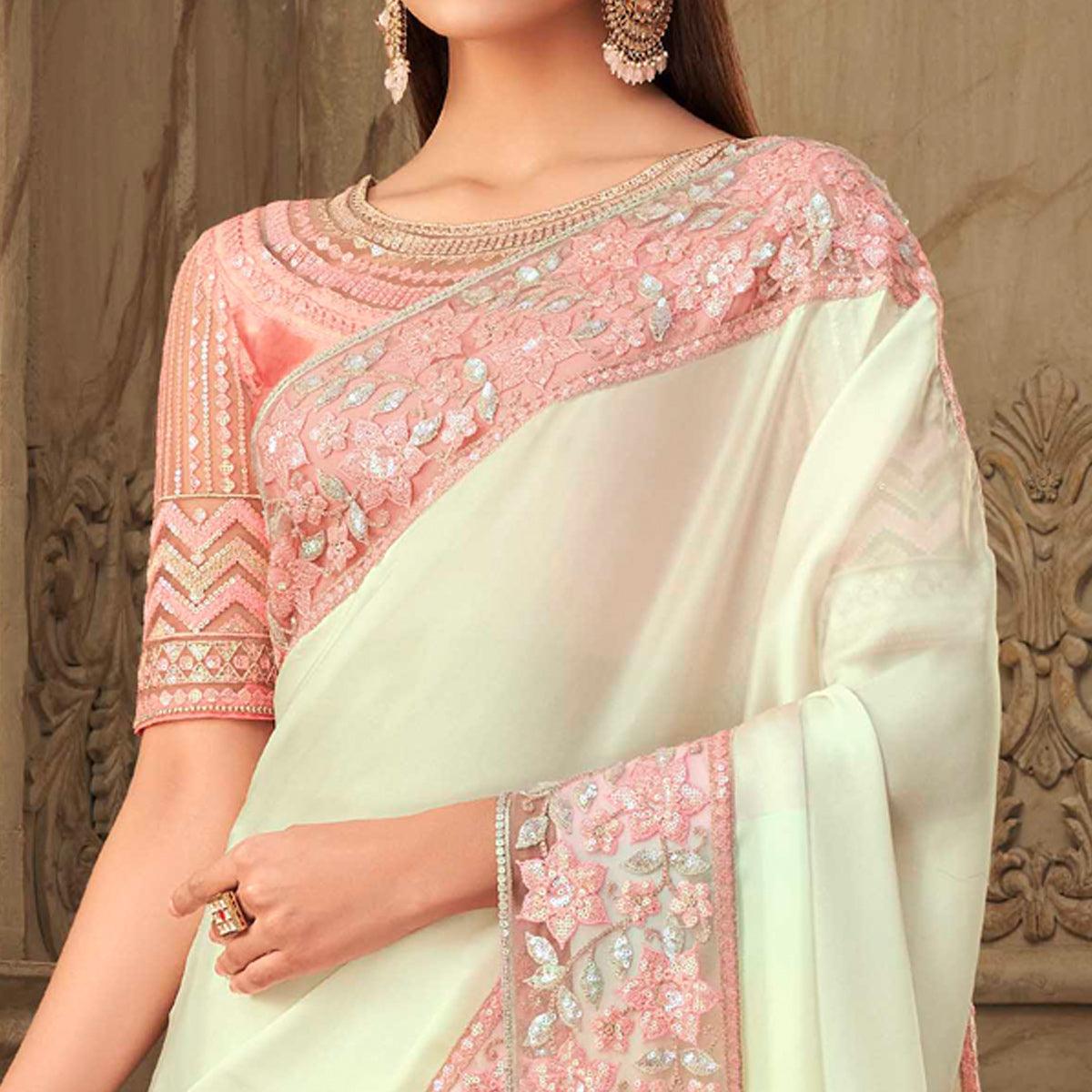 White Partywear Sequence Embroidered  Silk Saree - Peachmode