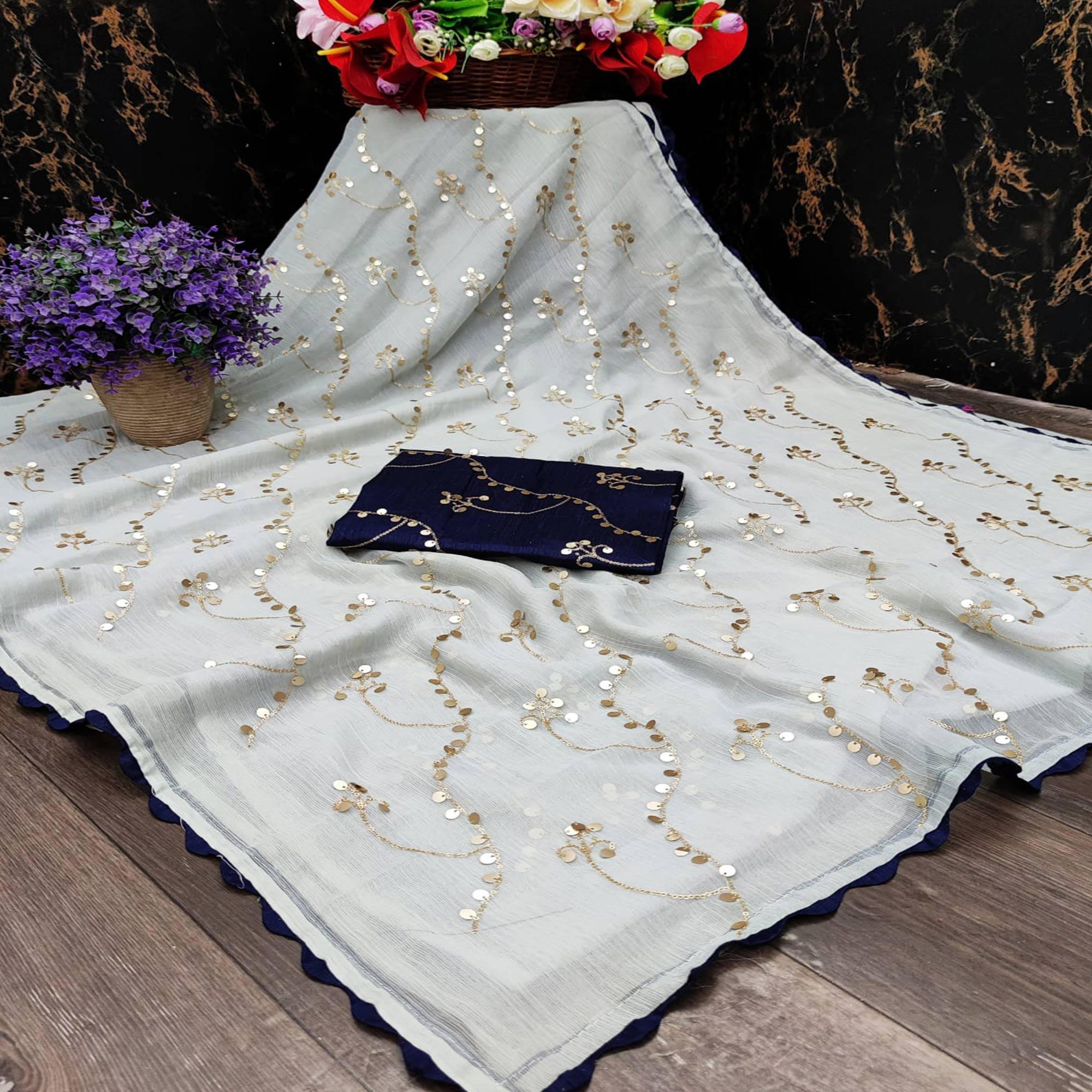 White Partywear Sequence Work Chiffon Saree - Peachmode