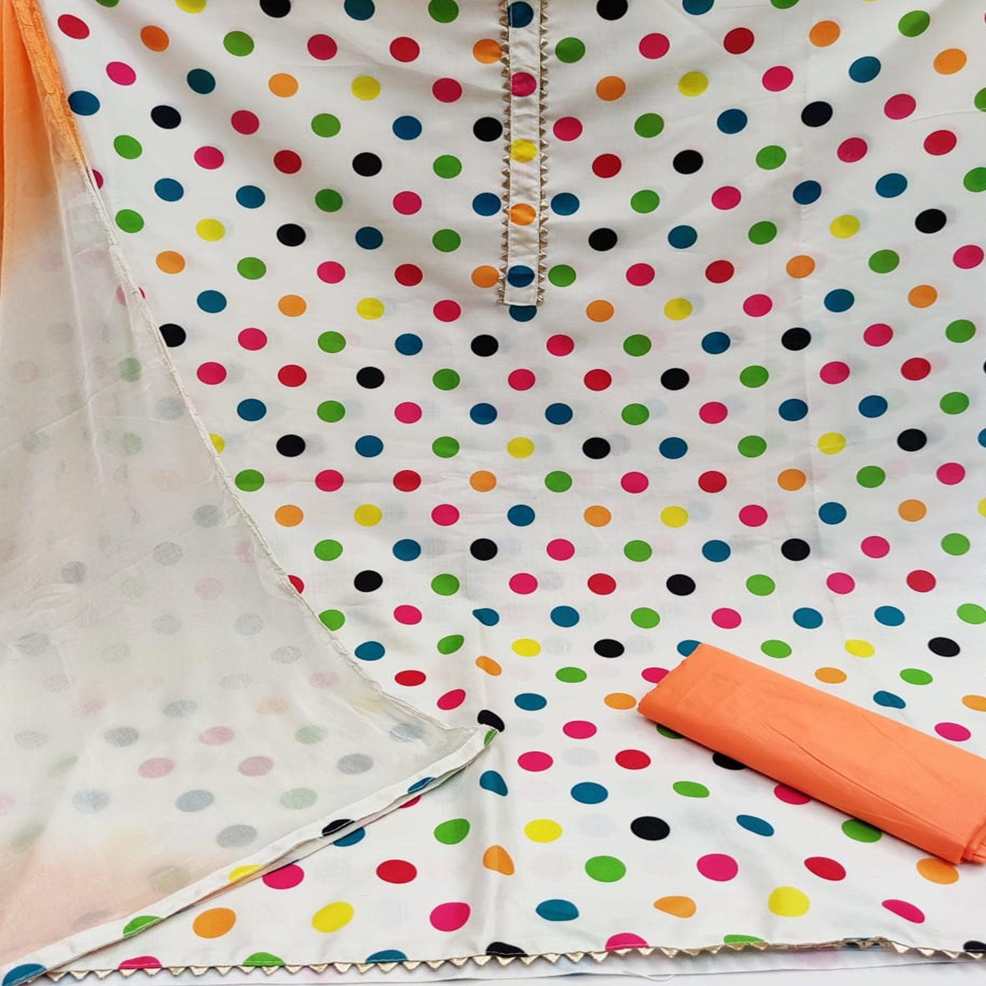 White-Peach Casual Wear Polka Digital Printed Cotton Dress Material - Peachmode