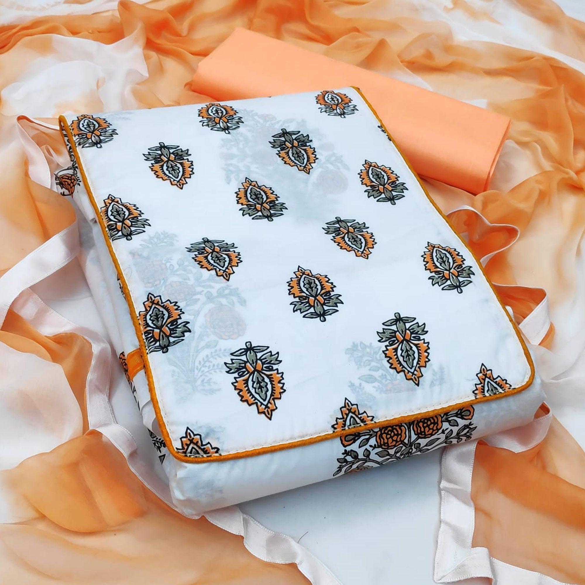 White - Peach Casual Wear Printed Cotton Dress Material - Peachmode