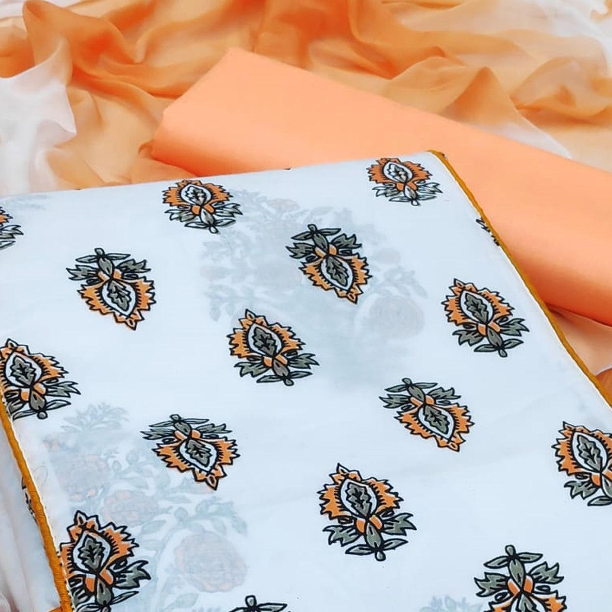 White - Peach Casual Wear Printed Cotton Dress Material - Peachmode