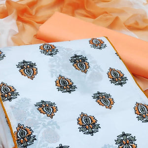 White - Peach Casual Wear Printed Cotton Dress Material - Peachmode