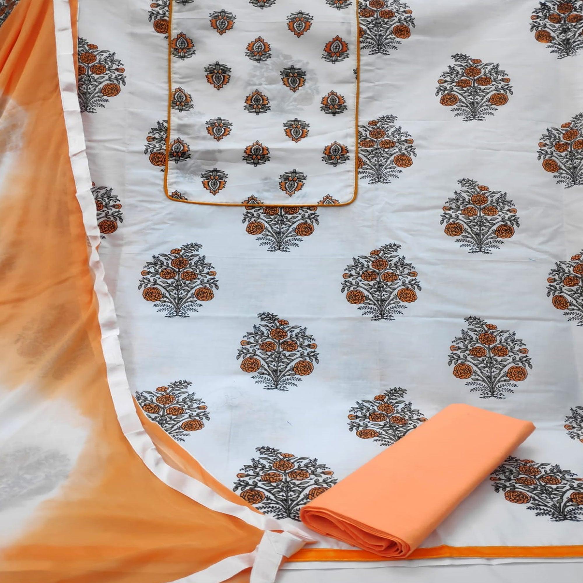 White - Peach Casual Wear Printed Cotton Dress Material - Peachmode