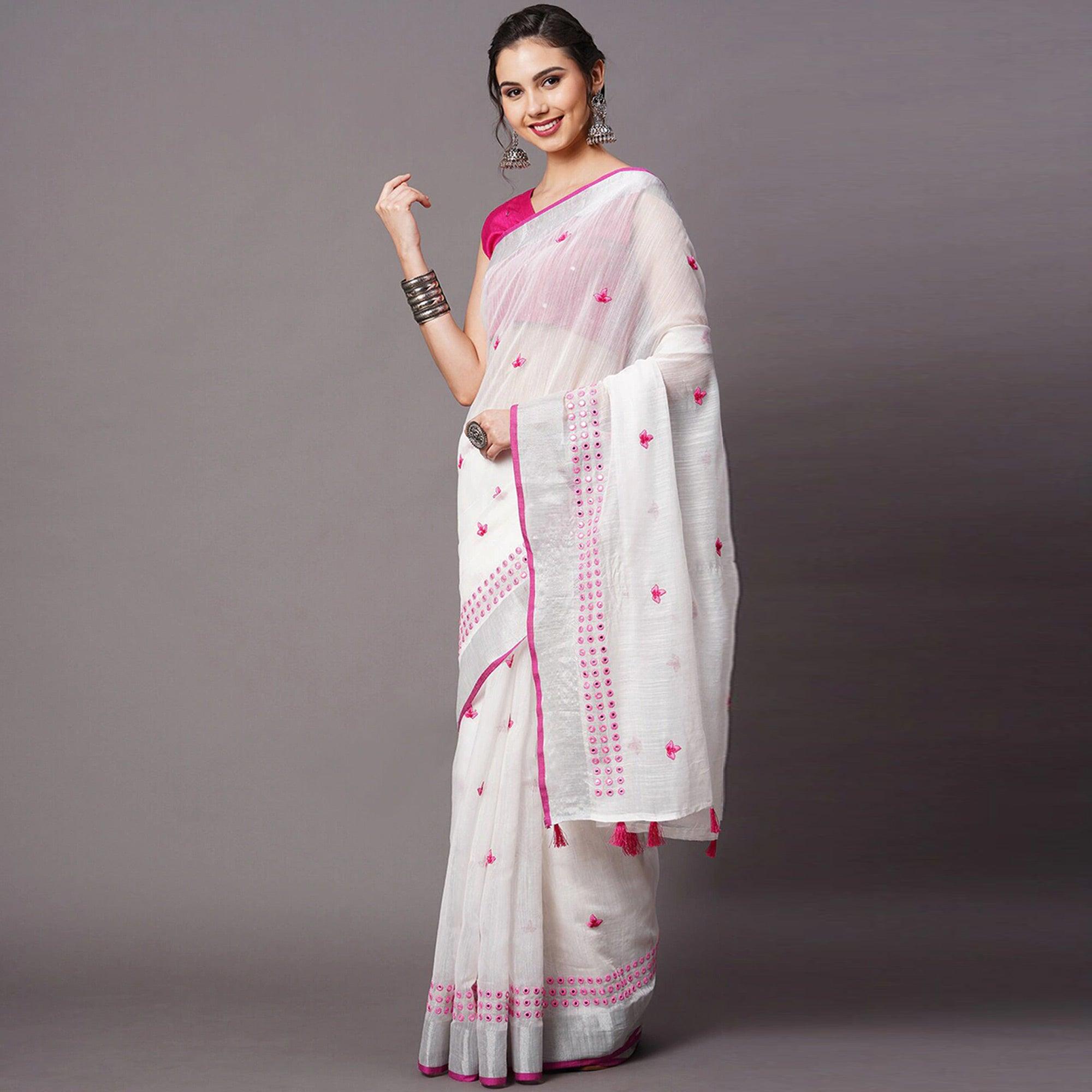 White - Pink Casual Wear Embroidered Linen Saree With Tassels - Peachmode