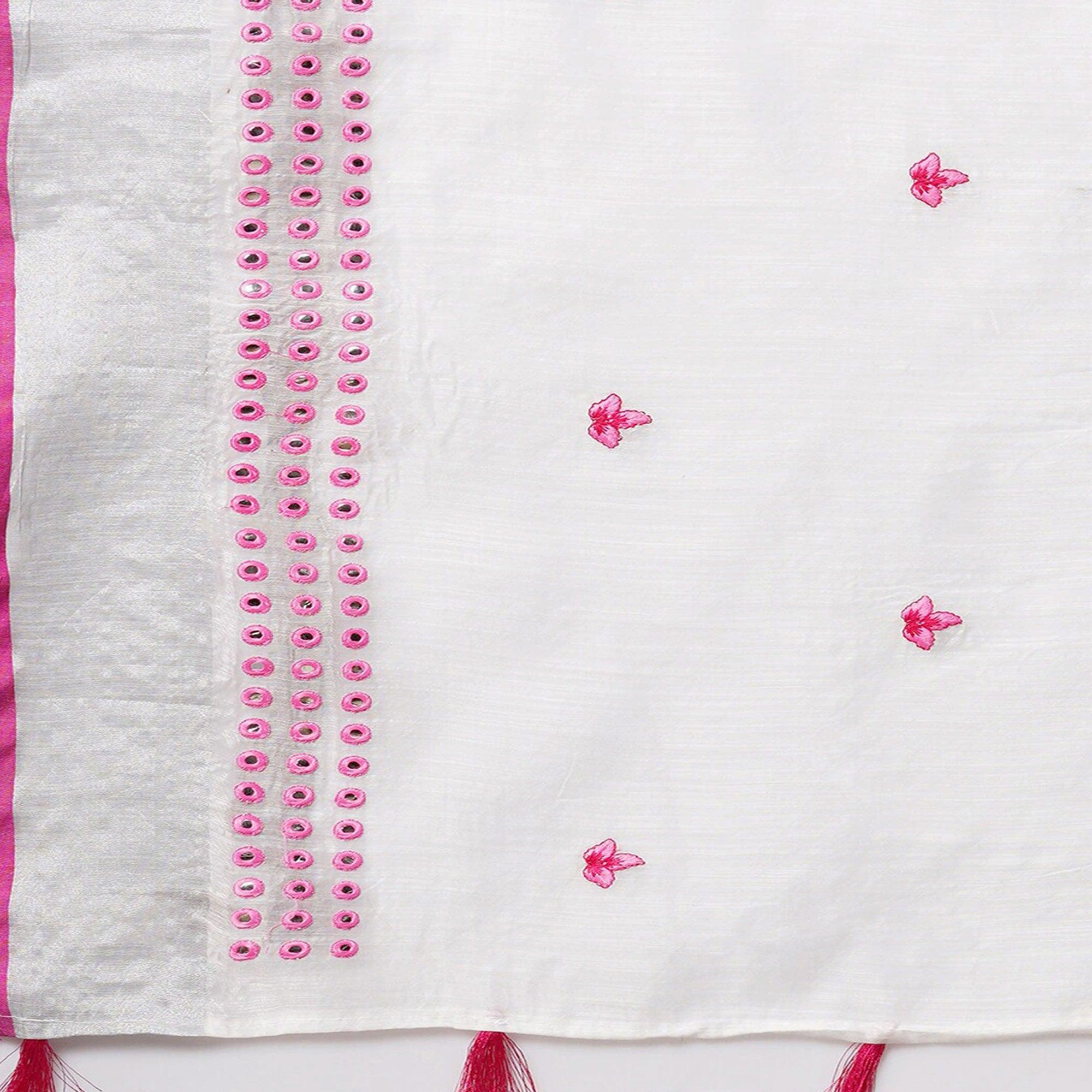 White - Pink Casual Wear Embroidered Linen Saree With Tassels - Peachmode