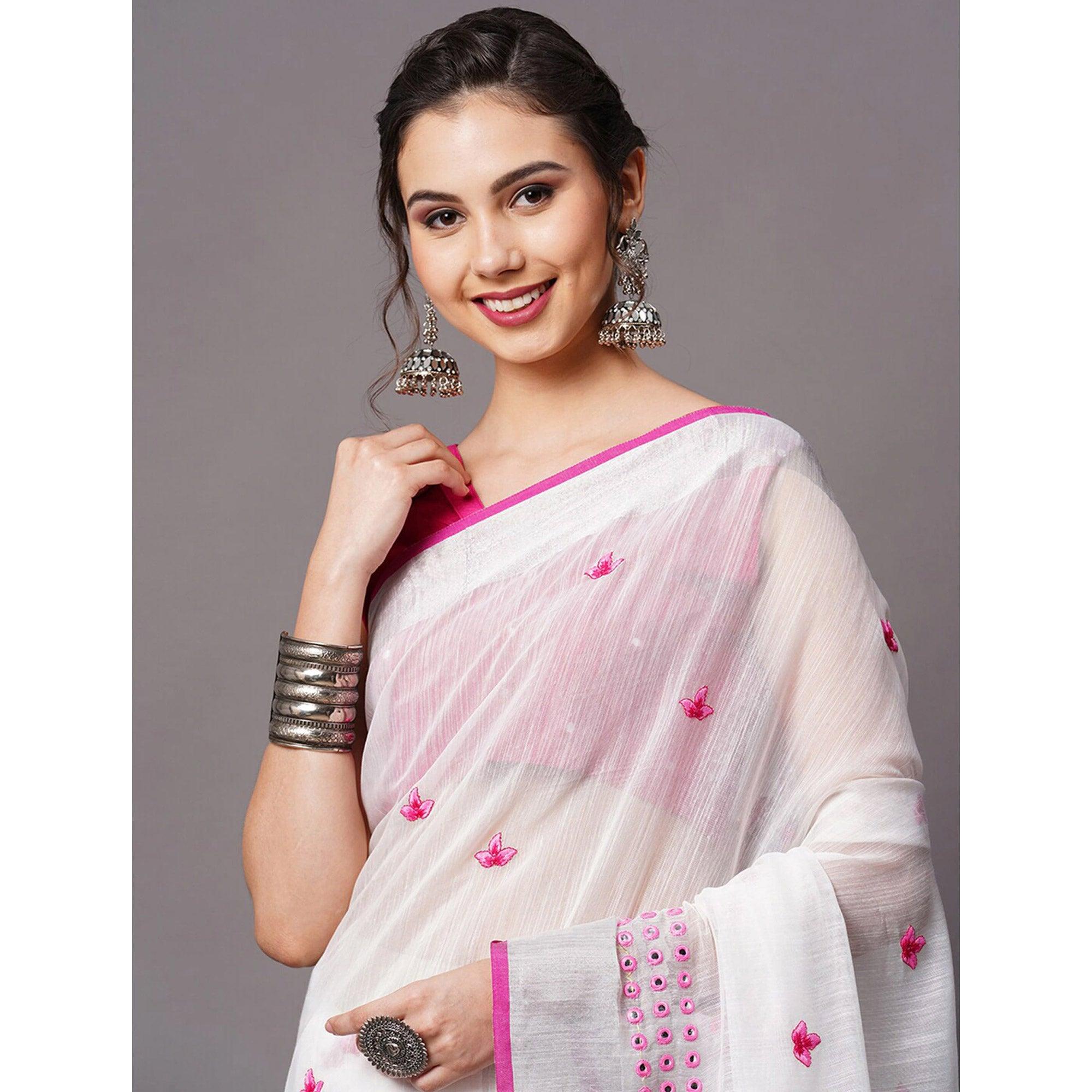 White - Pink Casual Wear Embroidered Linen Saree With Tassels - Peachmode