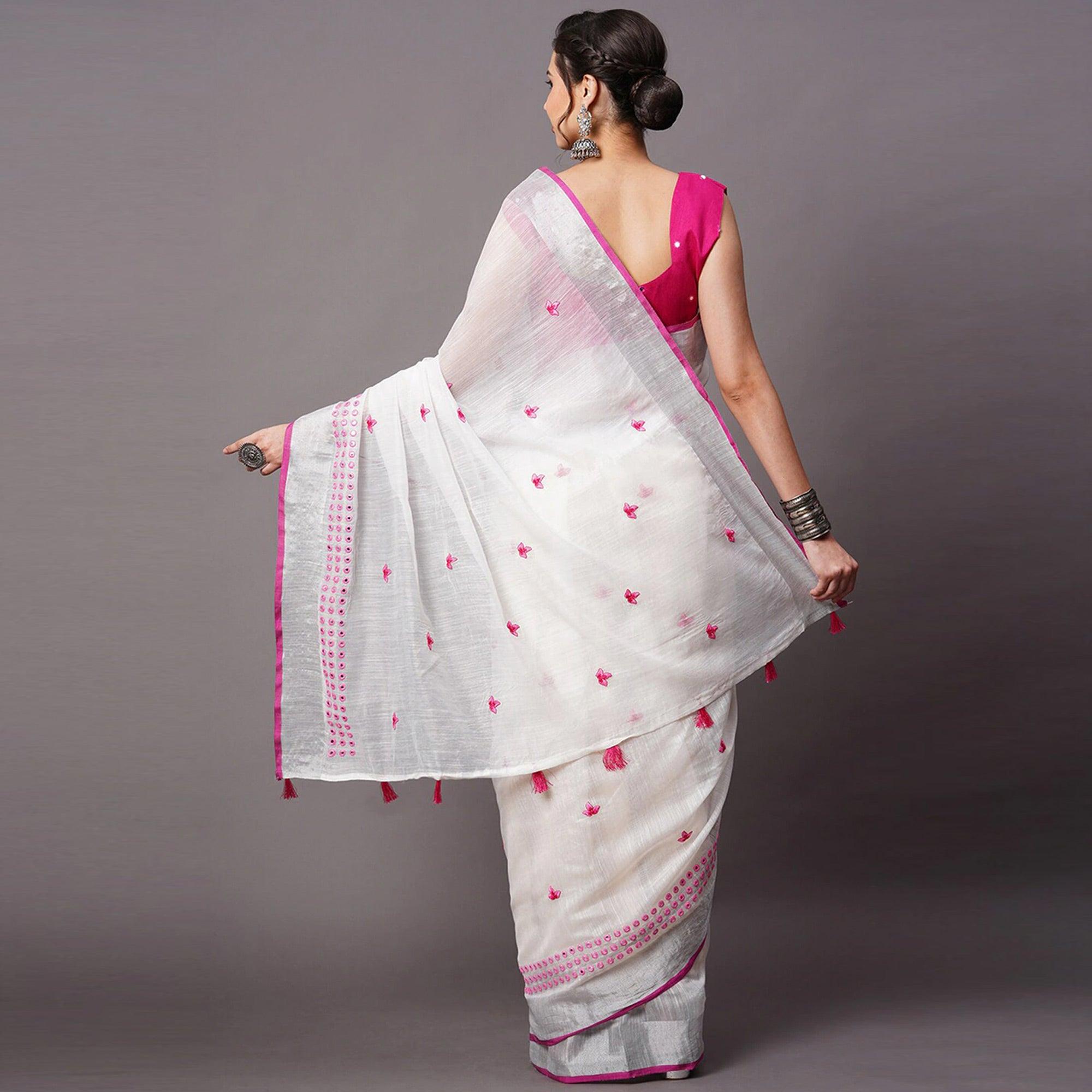 White - Pink Casual Wear Embroidered Linen Saree With Tassels - Peachmode