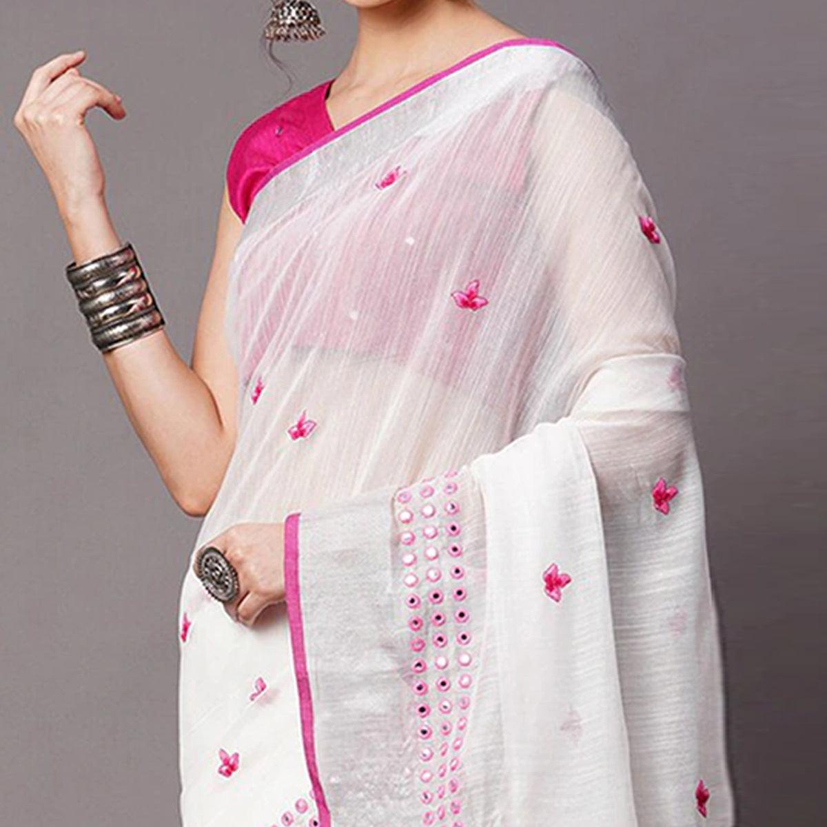 White - Pink Casual Wear Embroidered Linen Saree With Tassels - Peachmode