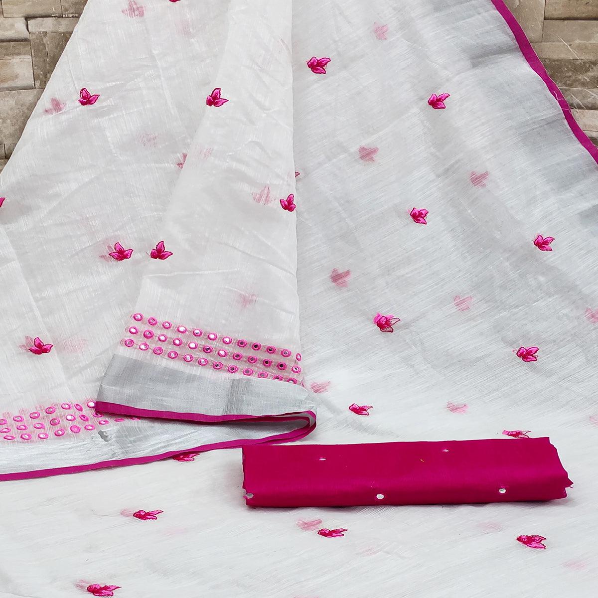White - Pink Casual Wear Embroidered Linen Saree With Tassels - Peachmode