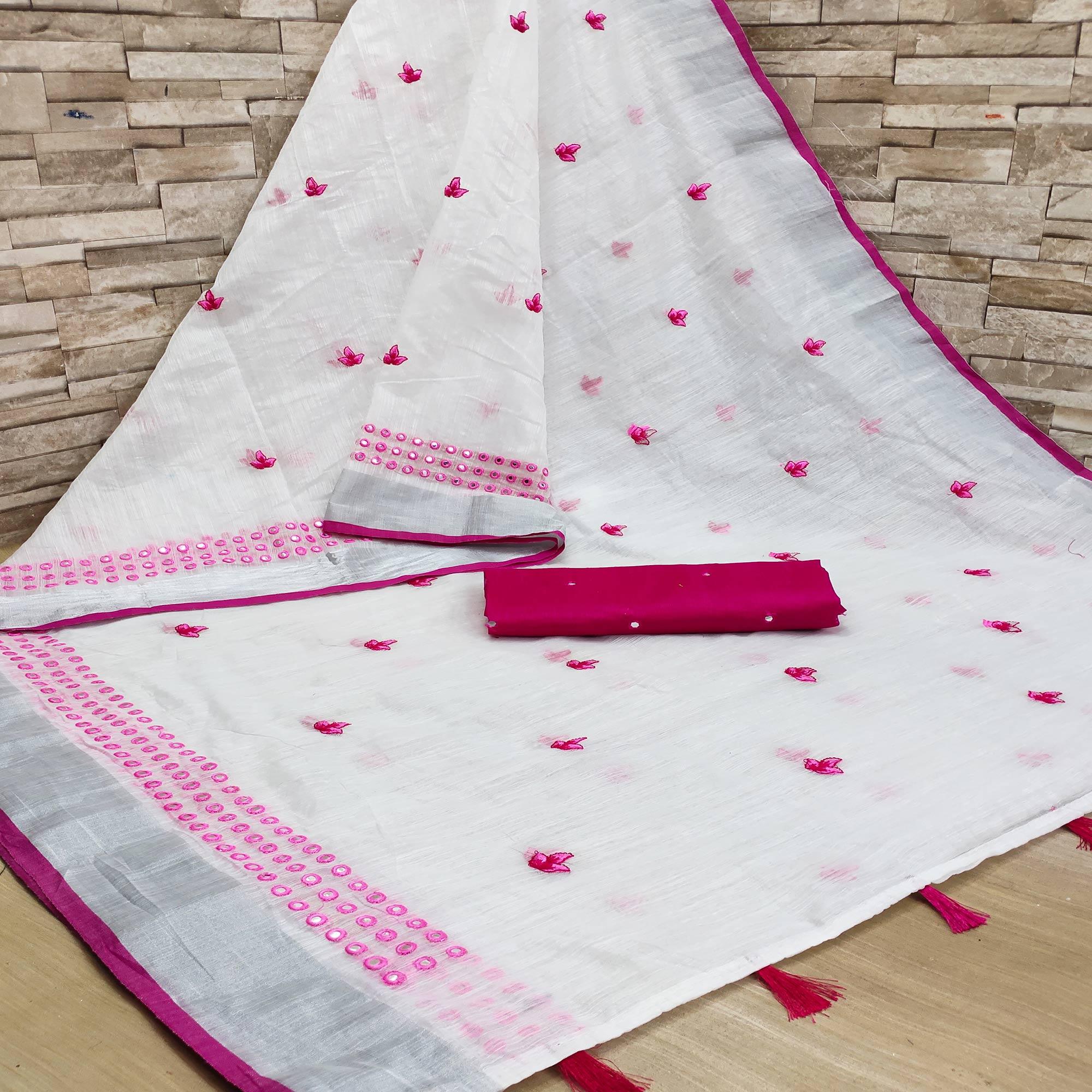 White - Pink Casual Wear Embroidered Linen Saree With Tassels - Peachmode