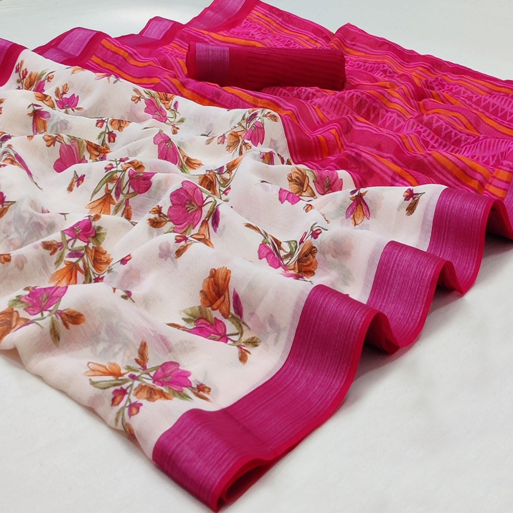 White-Pink Casual Wear Floral Mill Printed Cotton Saree With Zari Border - Peachmode
