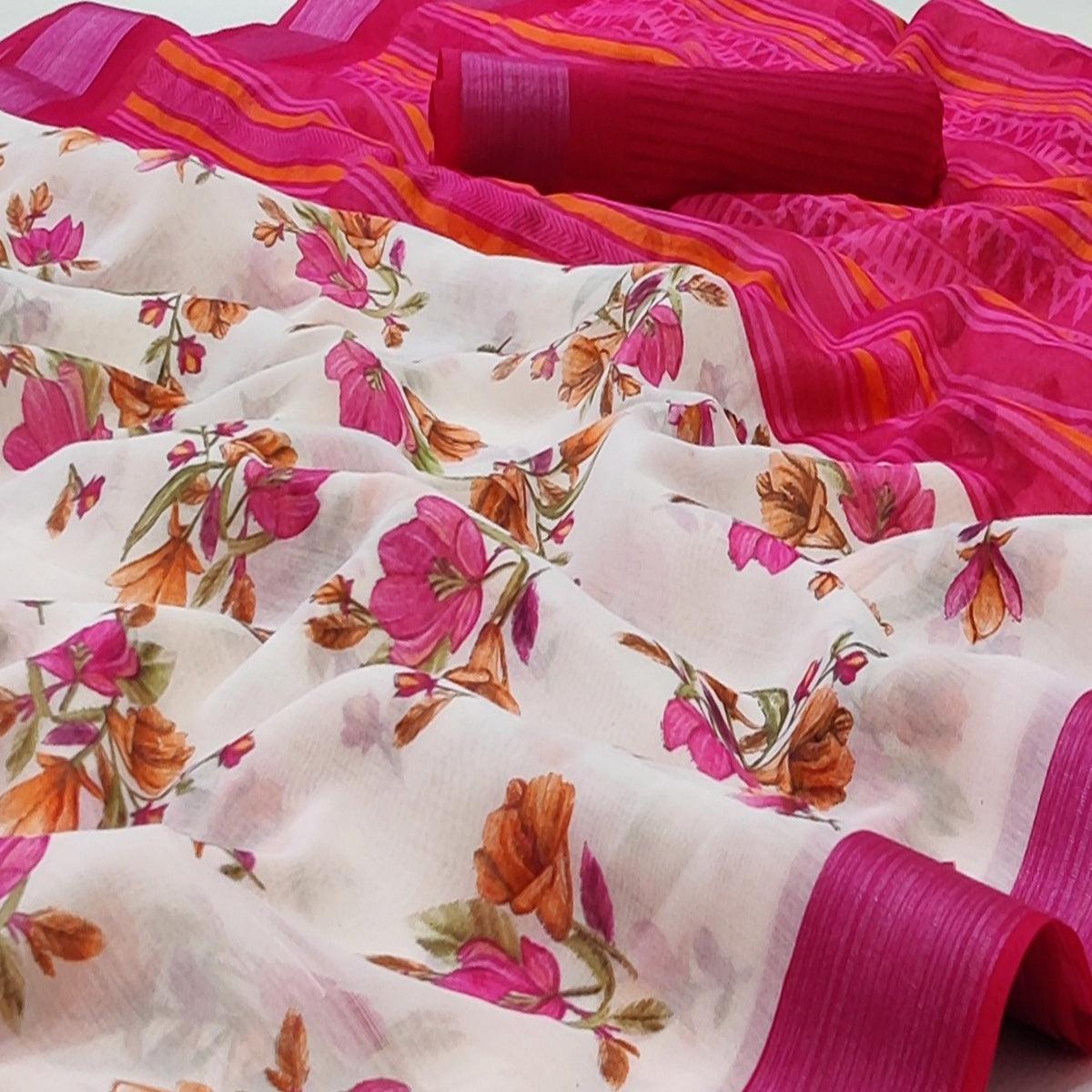 White-Pink Casual Wear Floral Mill Printed Cotton Saree With Zari Border - Peachmode