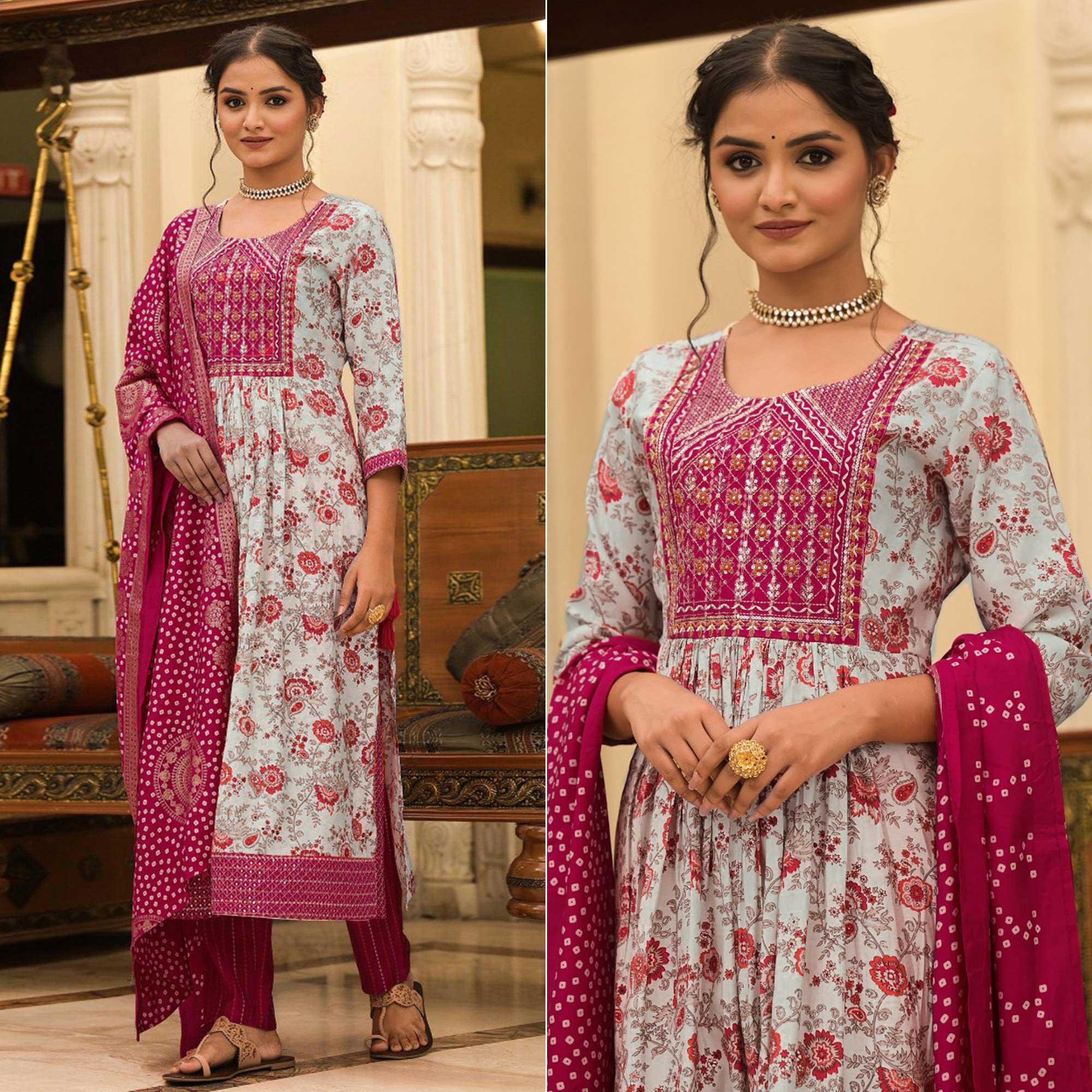 White-Pink Floral Printed With Embroidered Muslin Salwar Suit - Peachmode
