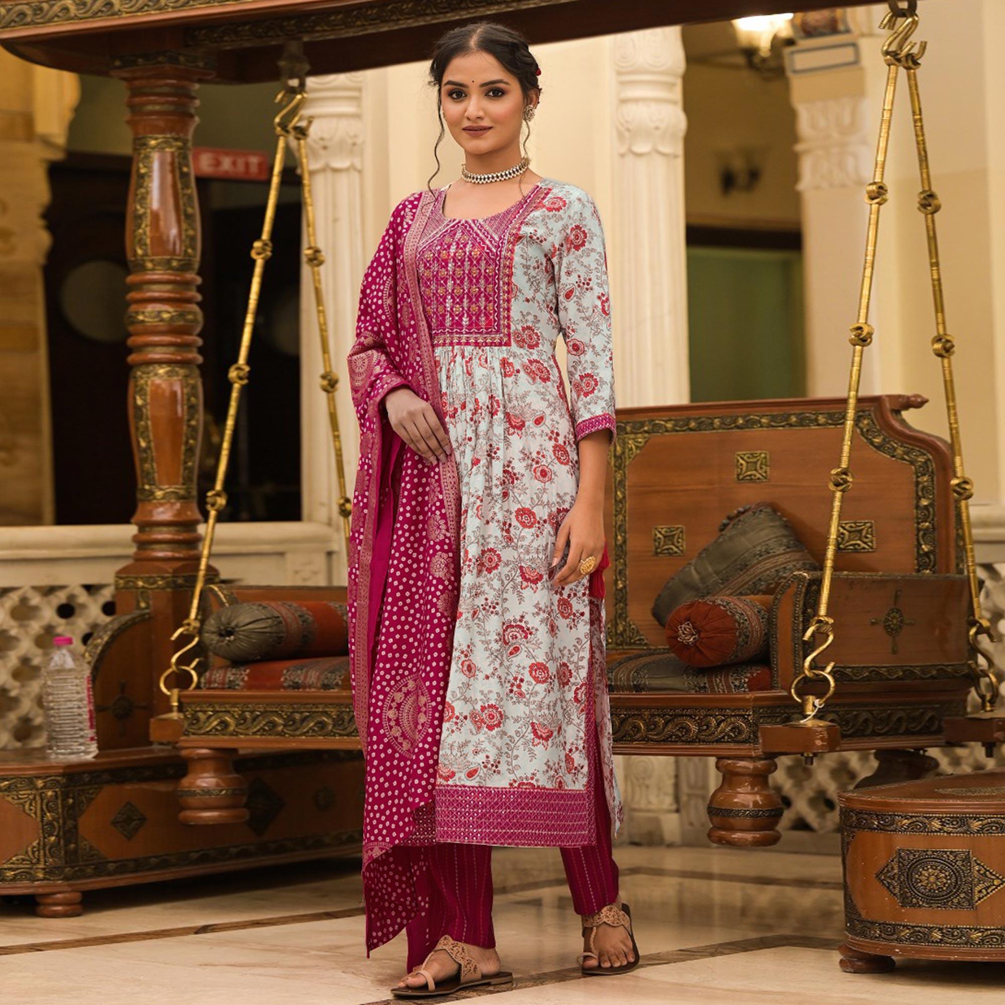 White-Pink Floral Printed With Embroidered Muslin Salwar Suit - Peachmode