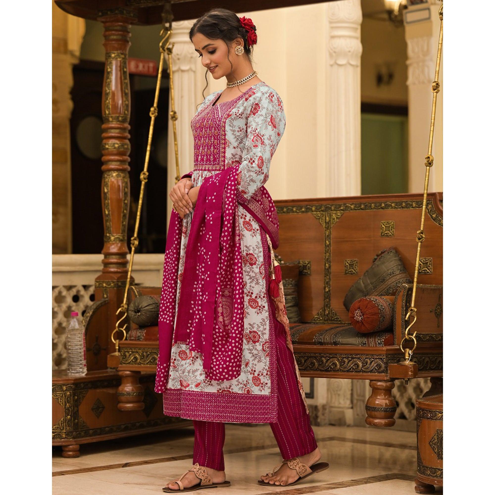 White-Pink Floral Printed With Embroidered Muslin Salwar Suit - Peachmode