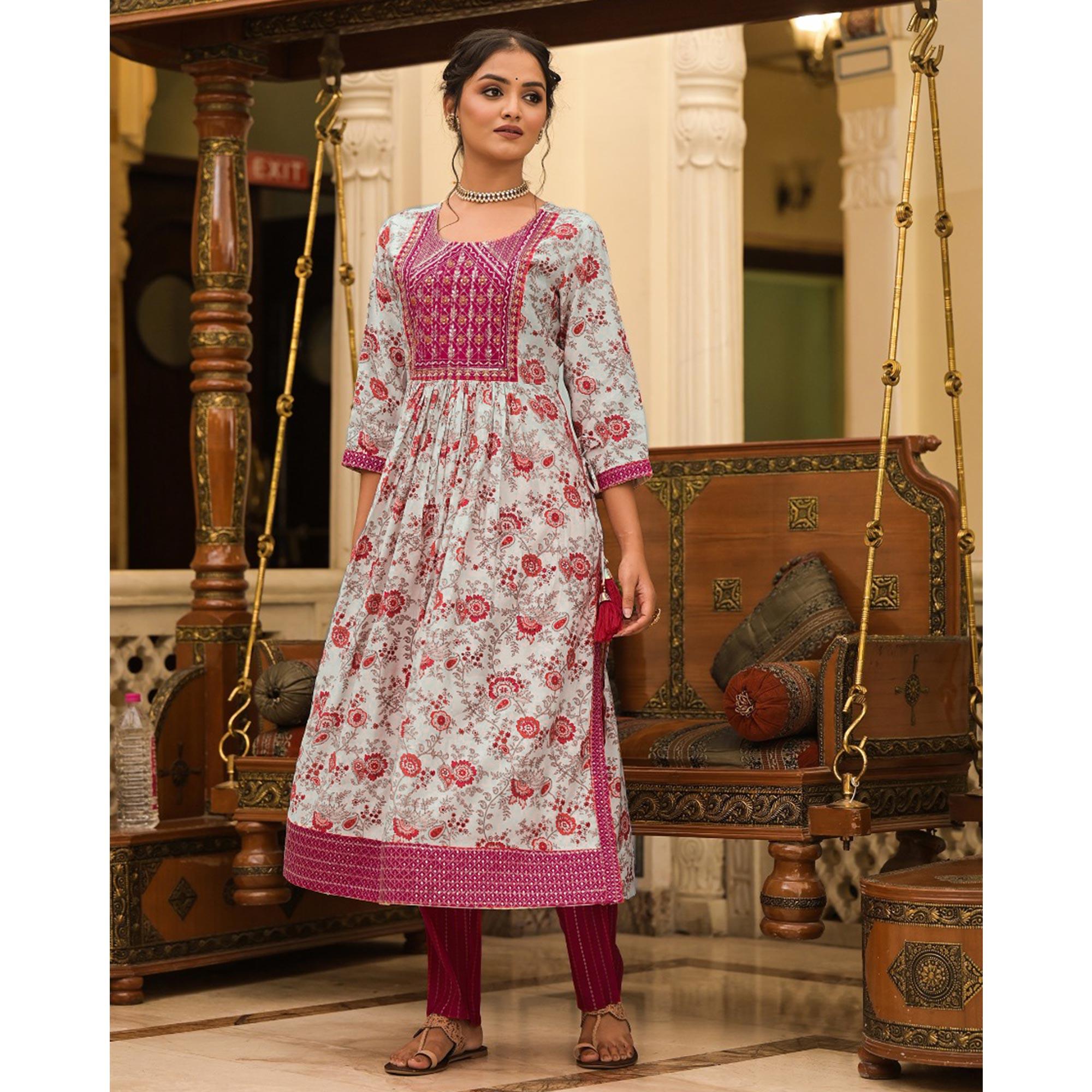 White-Pink Floral Printed With Embroidered Muslin Salwar Suit - Peachmode