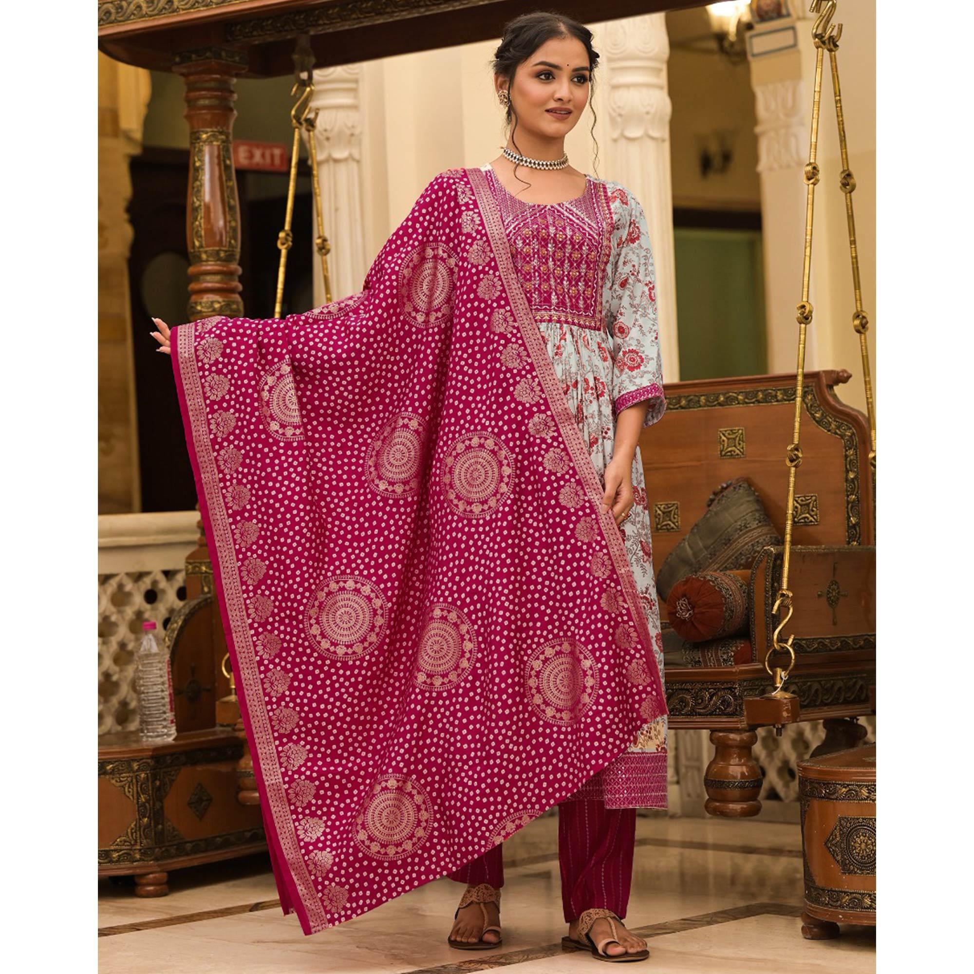 White-Pink Floral Printed With Embroidered Muslin Salwar Suit - Peachmode
