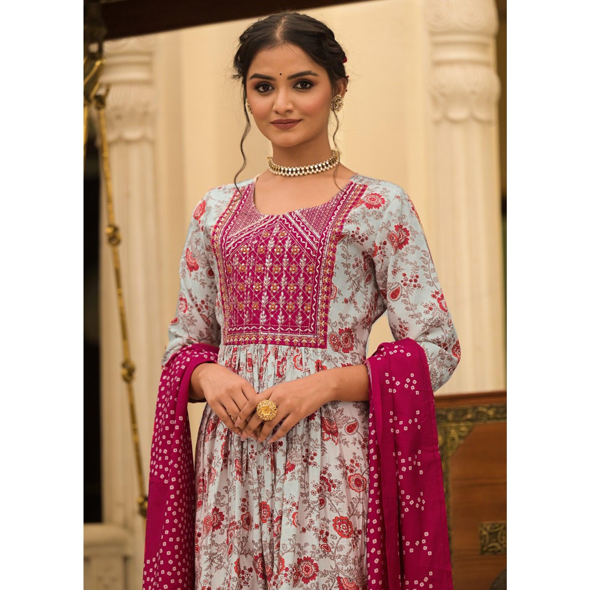 White-Pink Floral Printed With Embroidered Muslin Salwar Suit - Peachmode