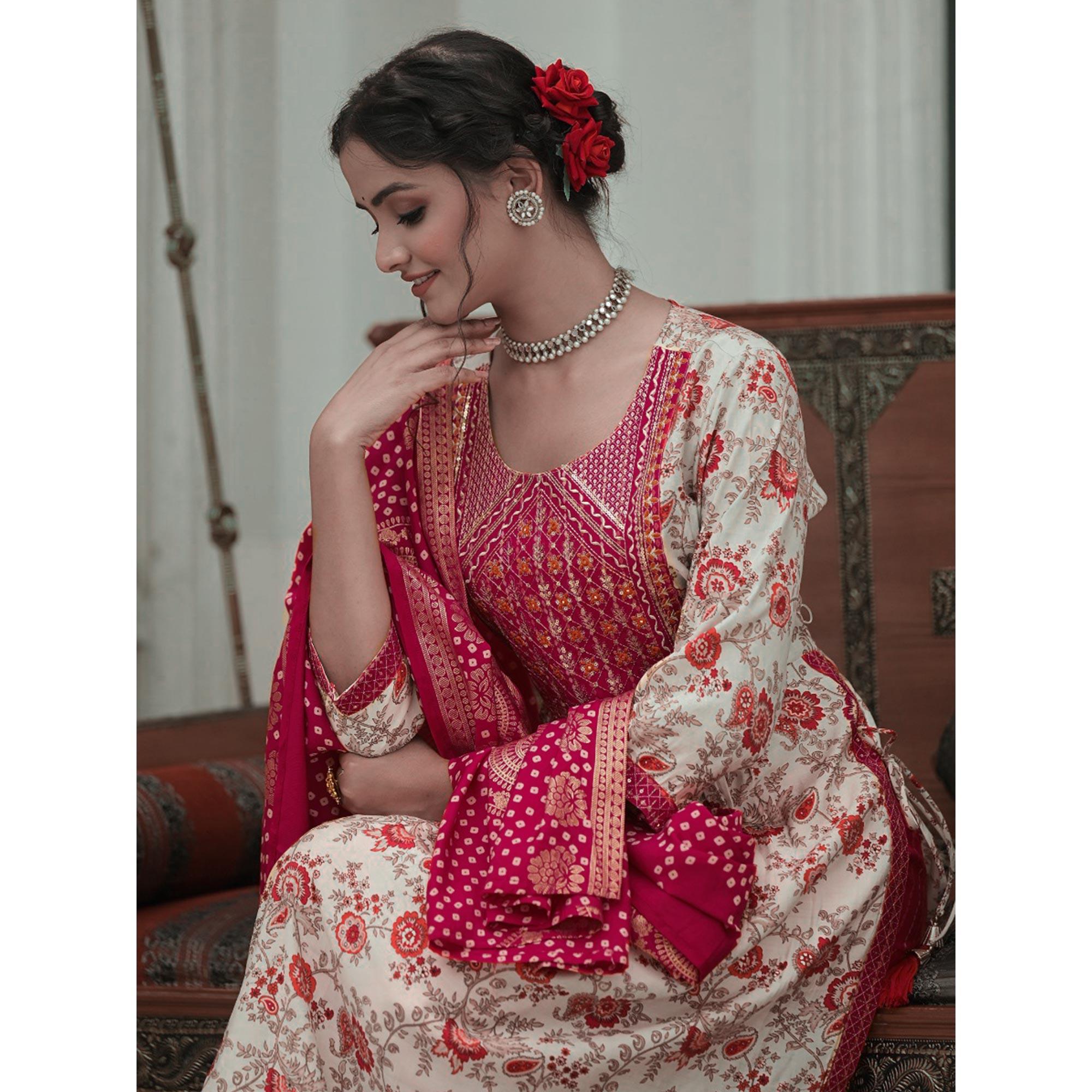 White-Pink Floral Printed With Embroidered Muslin Salwar Suit - Peachmode