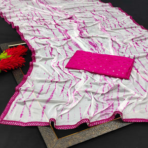 White-Pink Printed Art Silk Saree - Peachmode