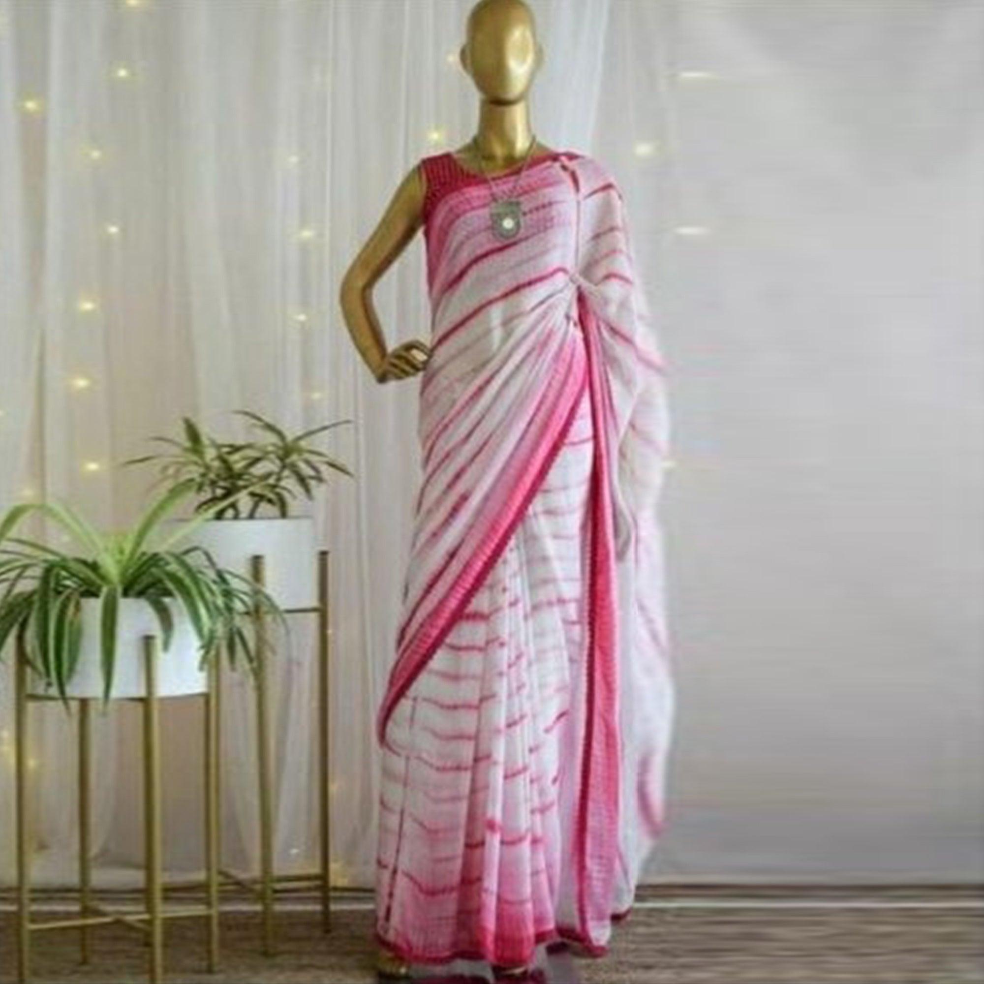 White-Pink Printed Art Silk Saree - Peachmode