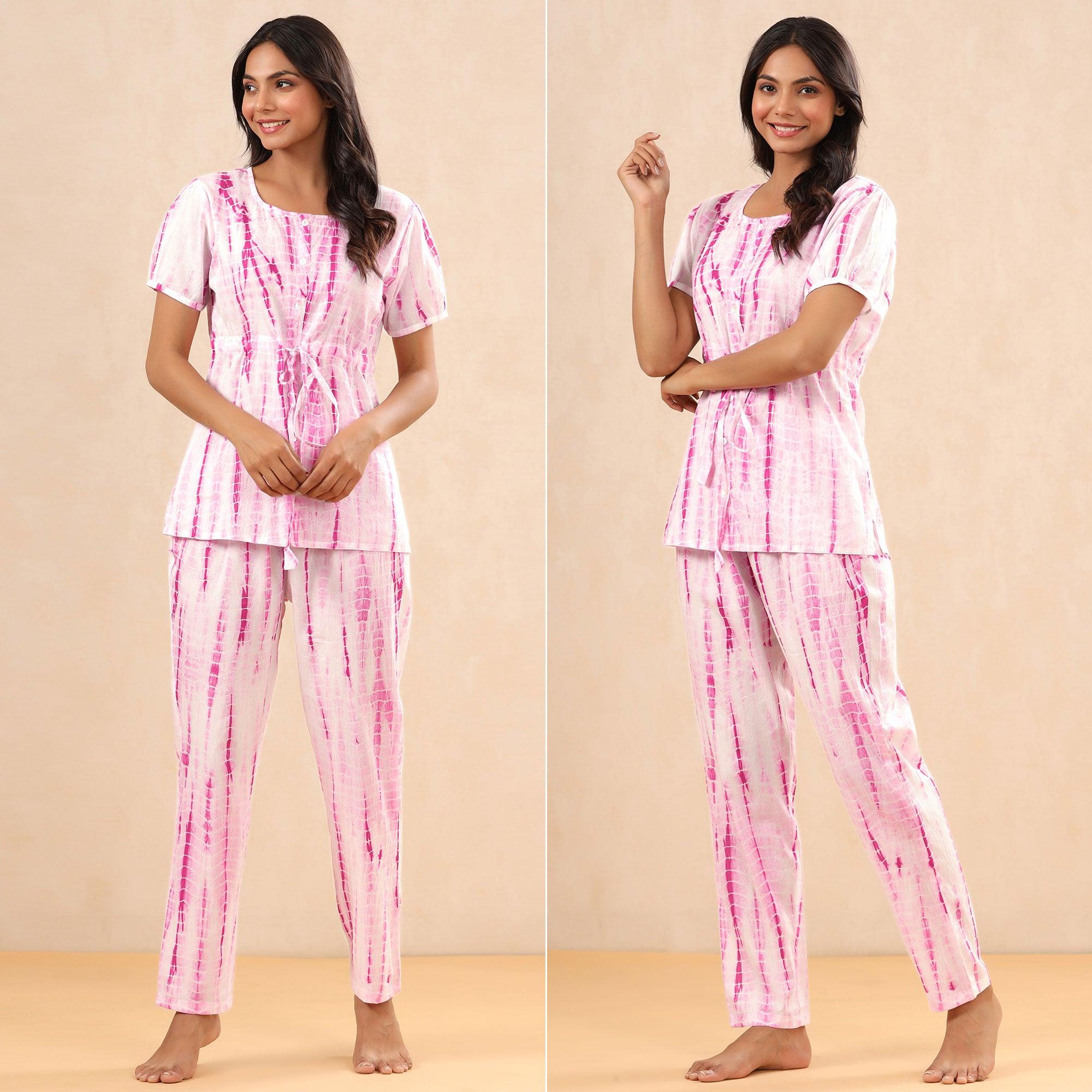 White-Pink Printed Pure Cotton Night Suit - Peachmode