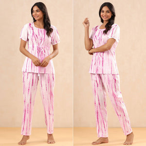 White-Pink Printed Pure Cotton Night Suit - Peachmode