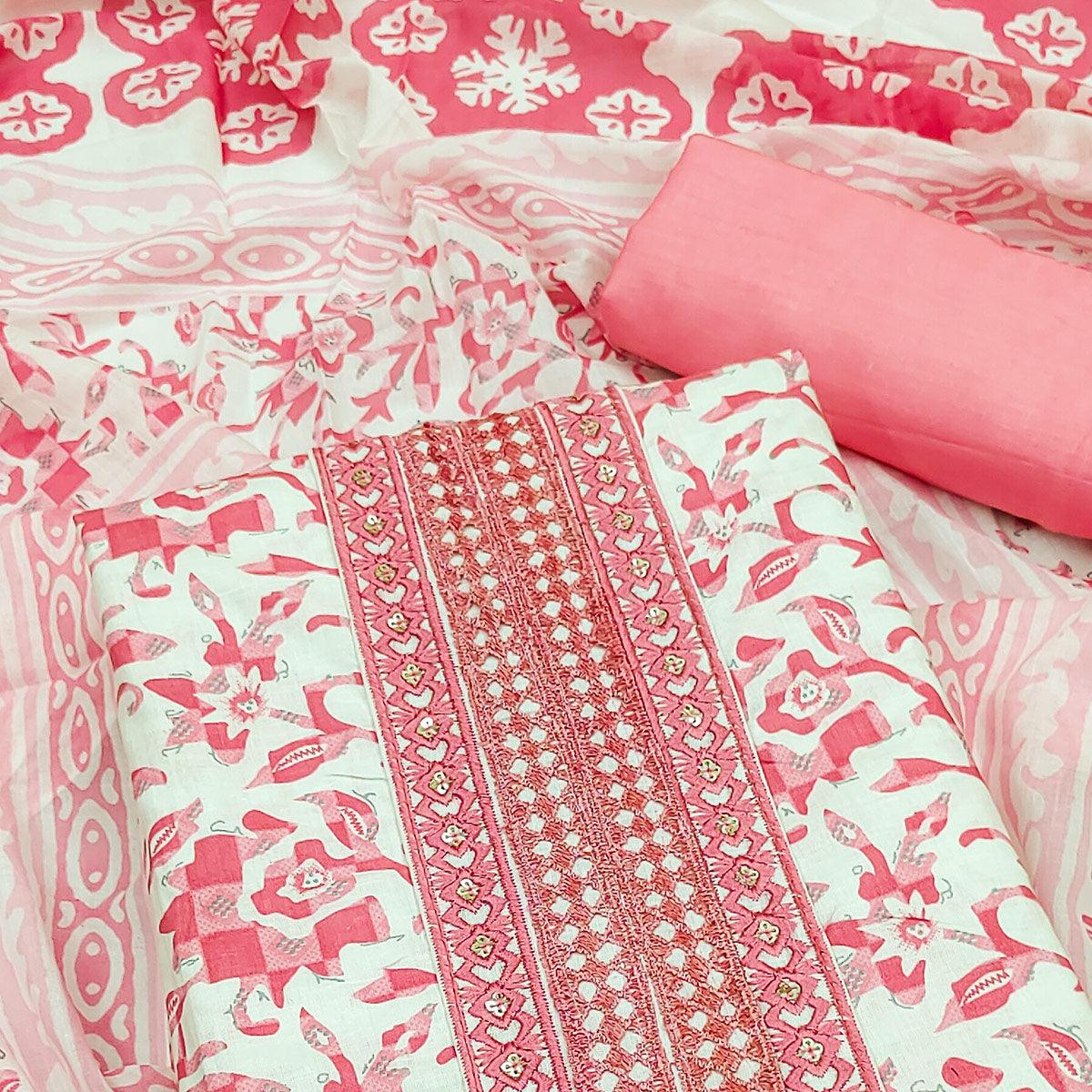 White-Pink Printed With Embroidered Cotton Blend Dress Material - Peachmode