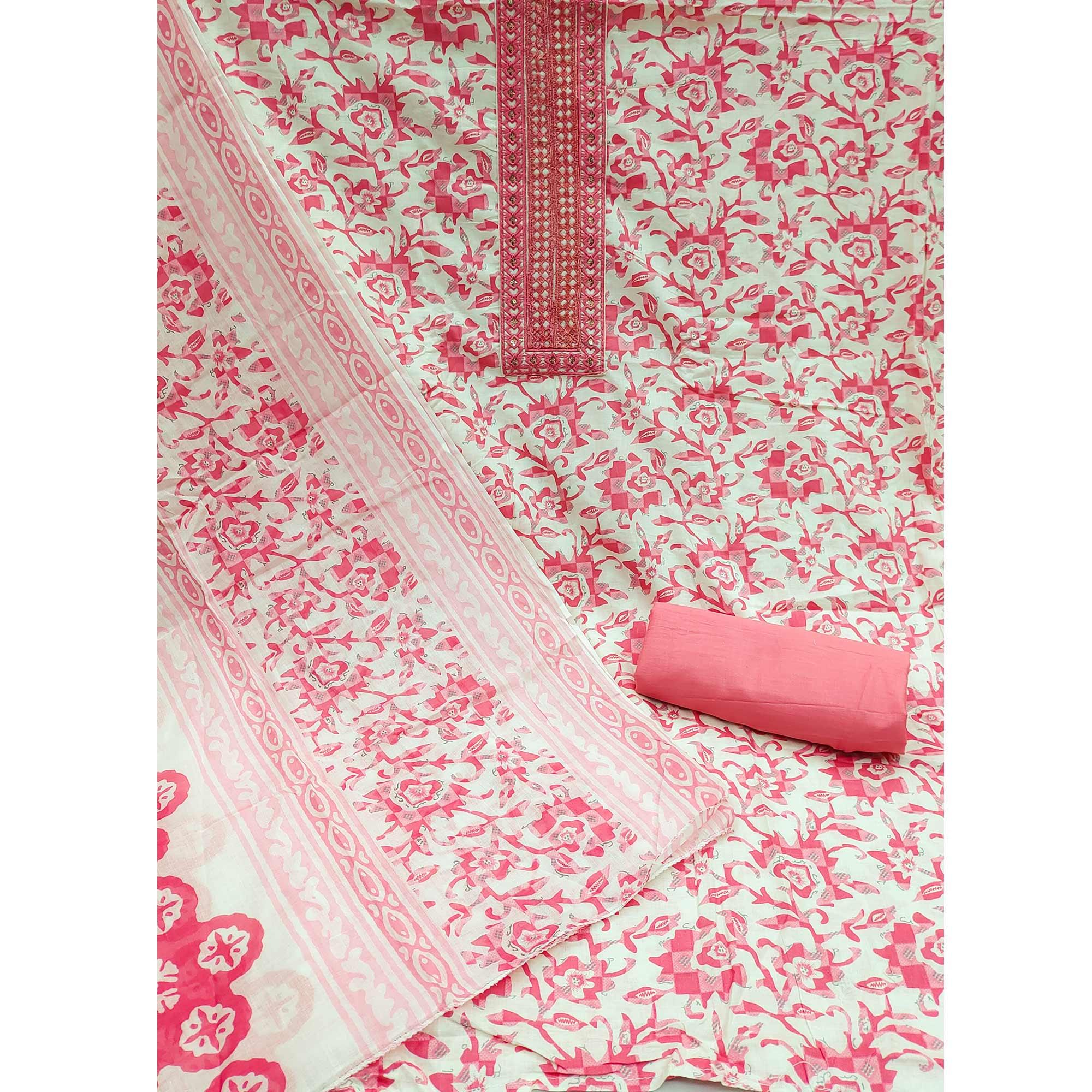White-Pink Printed With Embroidered Cotton Blend Dress Material - Peachmode
