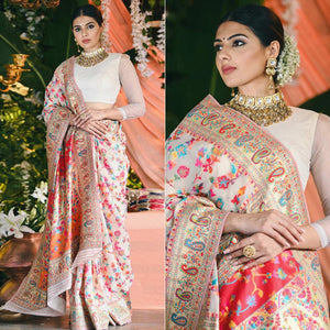 White Printed Cotton Silk Saree - Peachmode