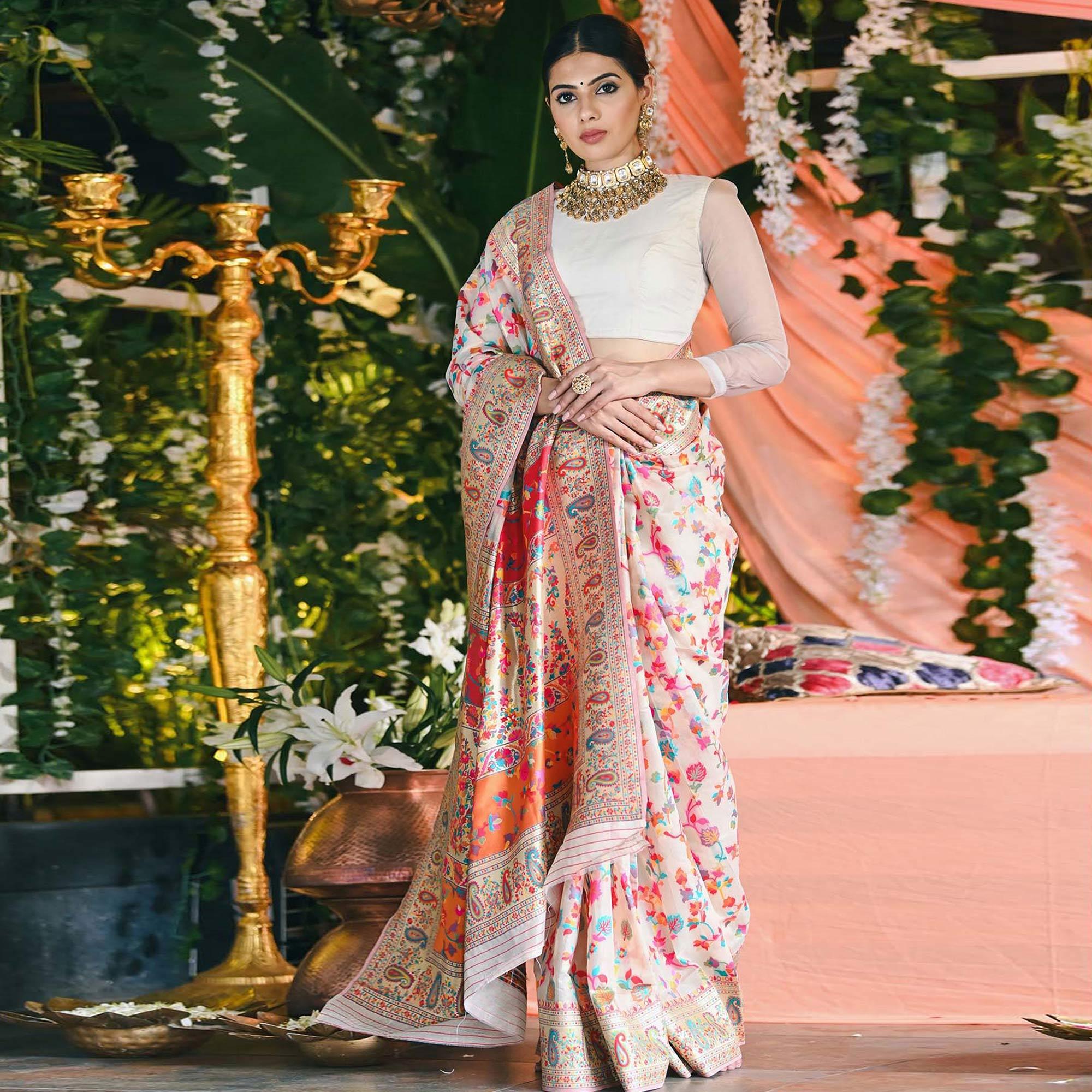 White Printed Cotton Silk Saree - Peachmode