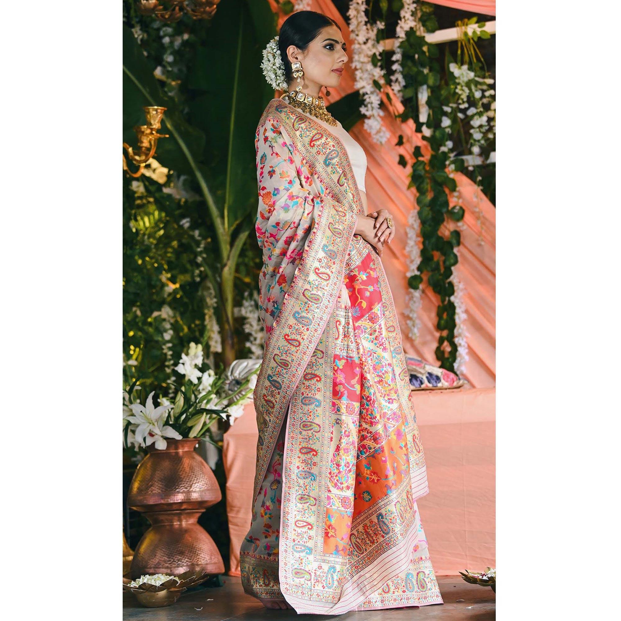 White Printed Cotton Silk Saree - Peachmode