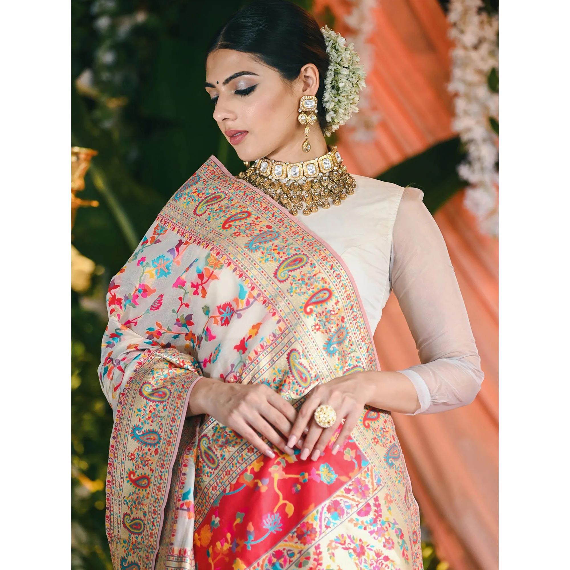 White Printed Cotton Silk Saree - Peachmode