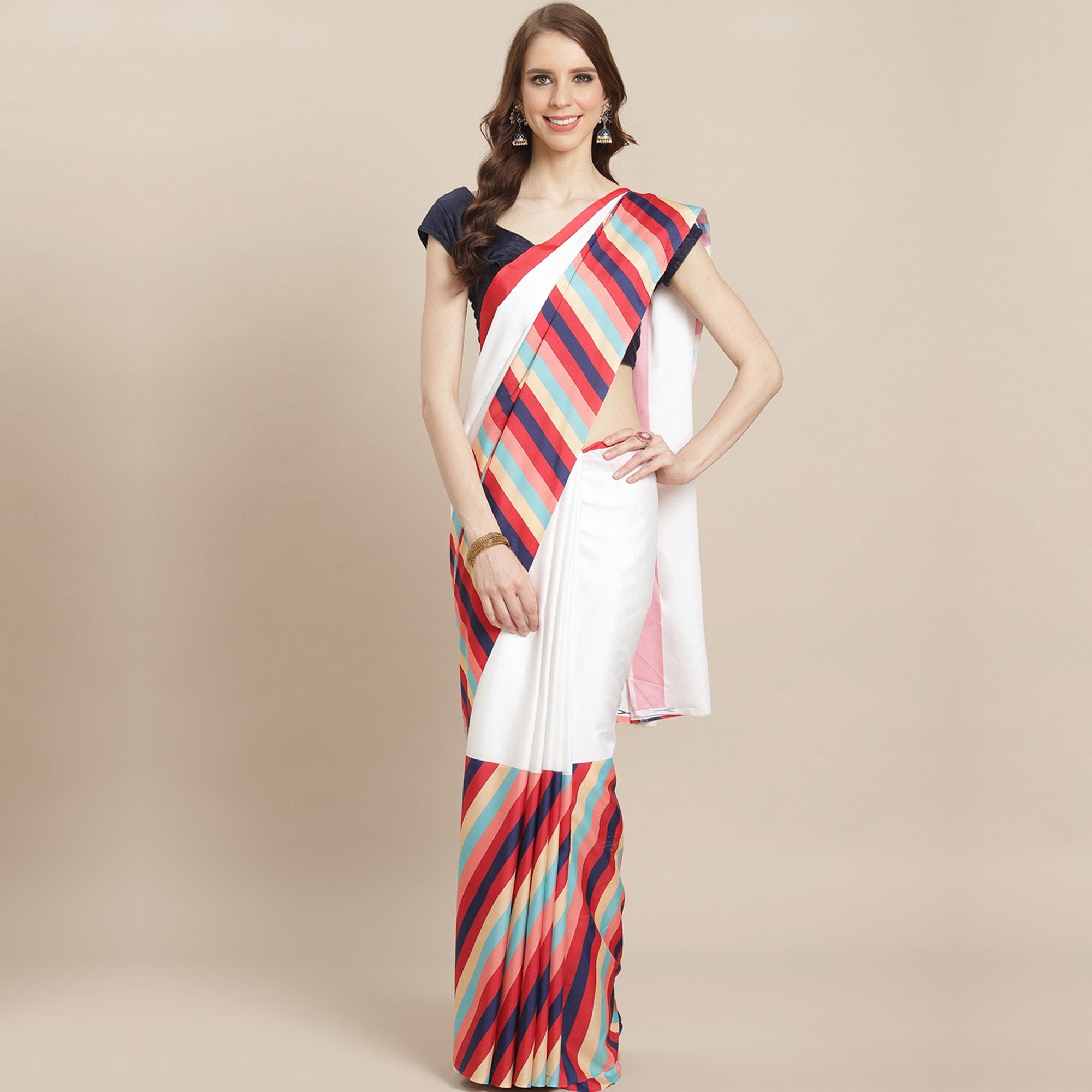 White Printed Crepe Saree - Peachmode