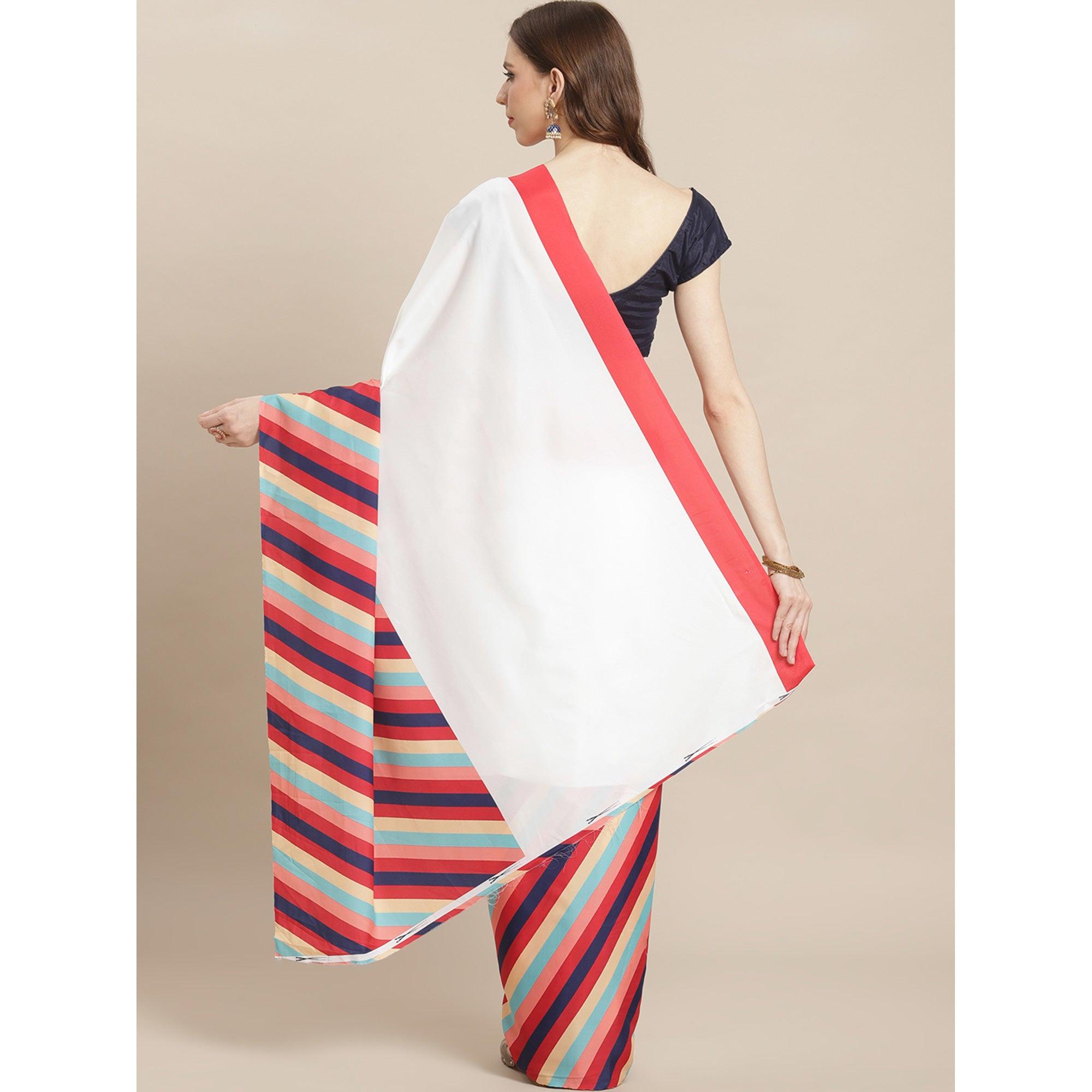 White Printed Crepe Saree - Peachmode