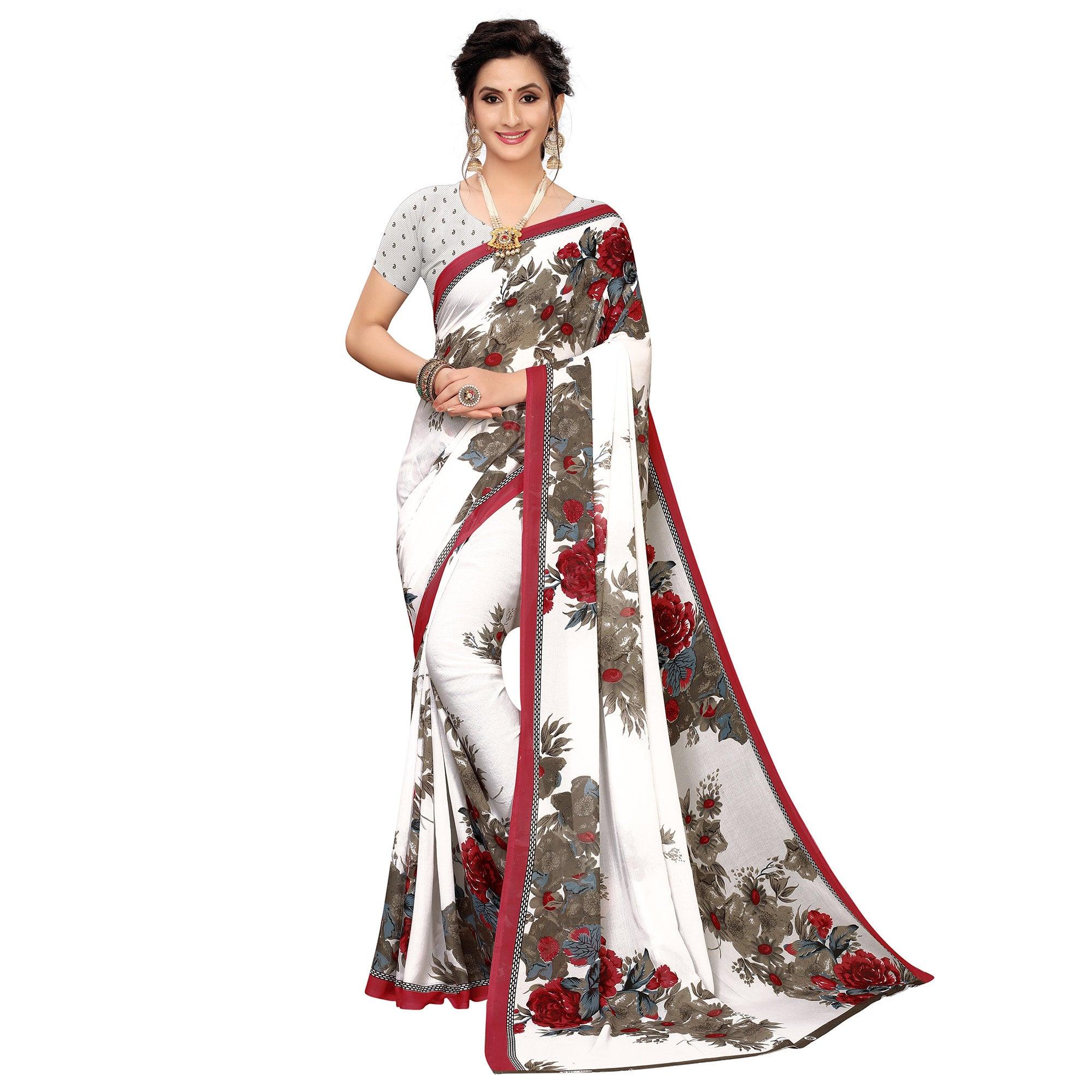 White Printed Georgette Saree - Peachmode